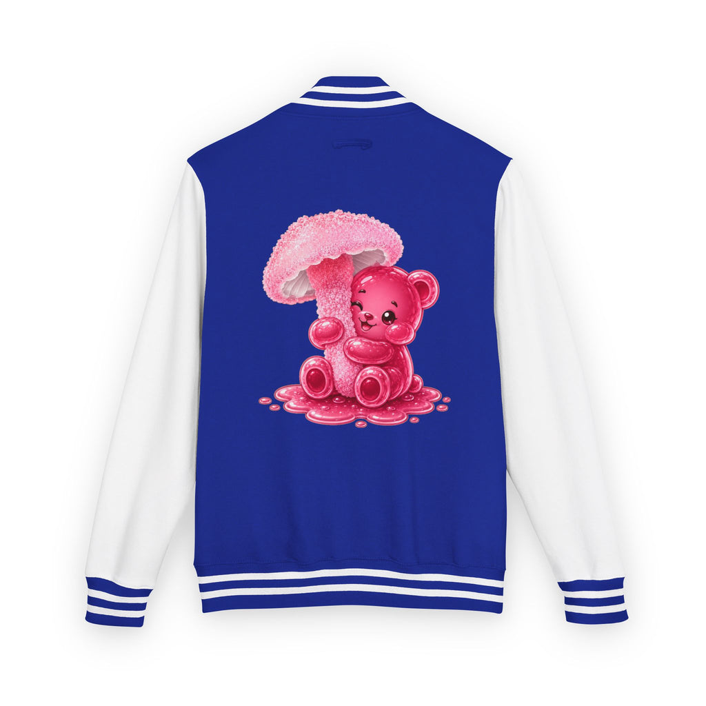 Pretty Pink Mushroom, Gooey Gummy Bear Friend —  Kawaii Graphic Varsity Jacket