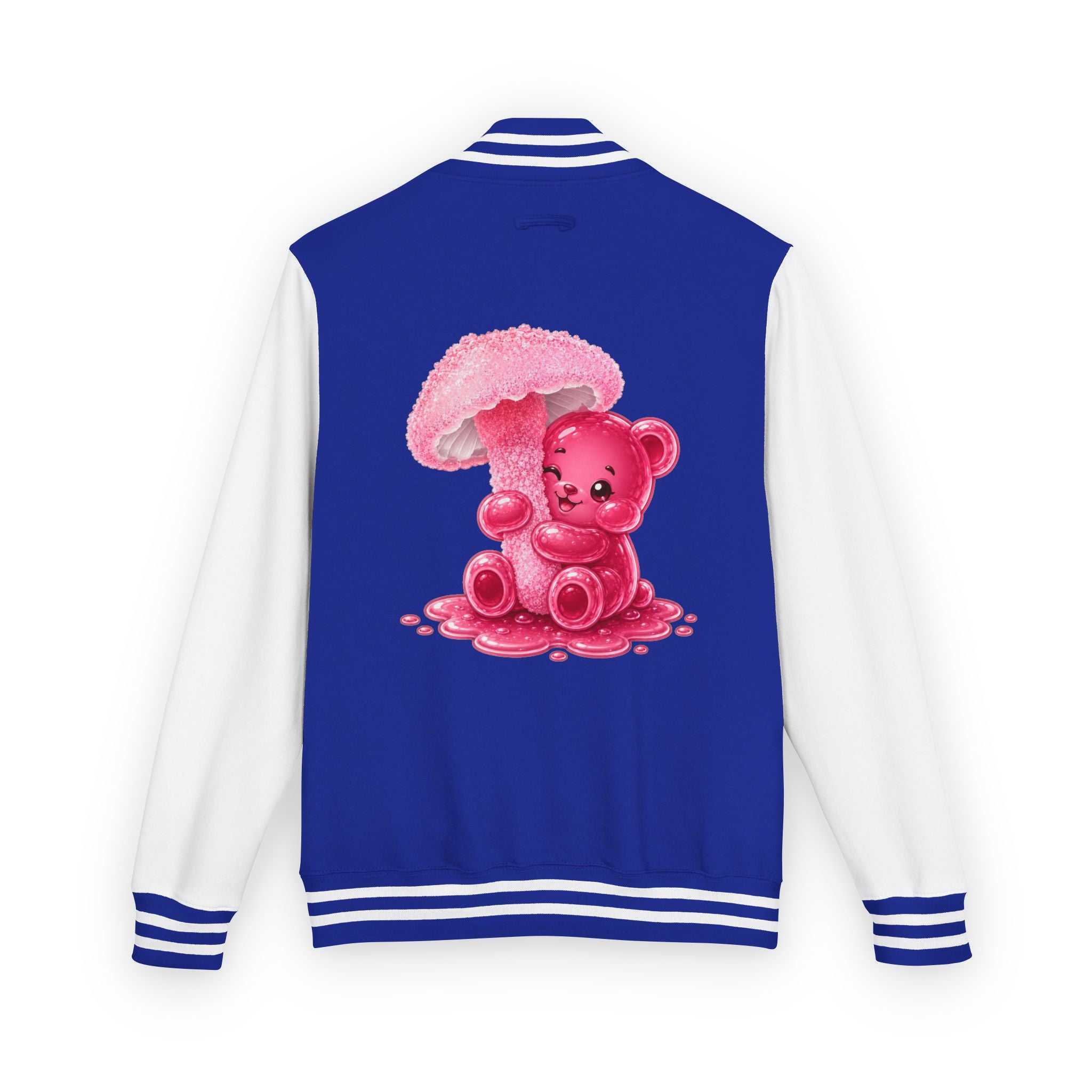 Pretty Pink Mushroom, Gooey Gummy Bear Friend —  Kawaii Graphic Varsity Jacket