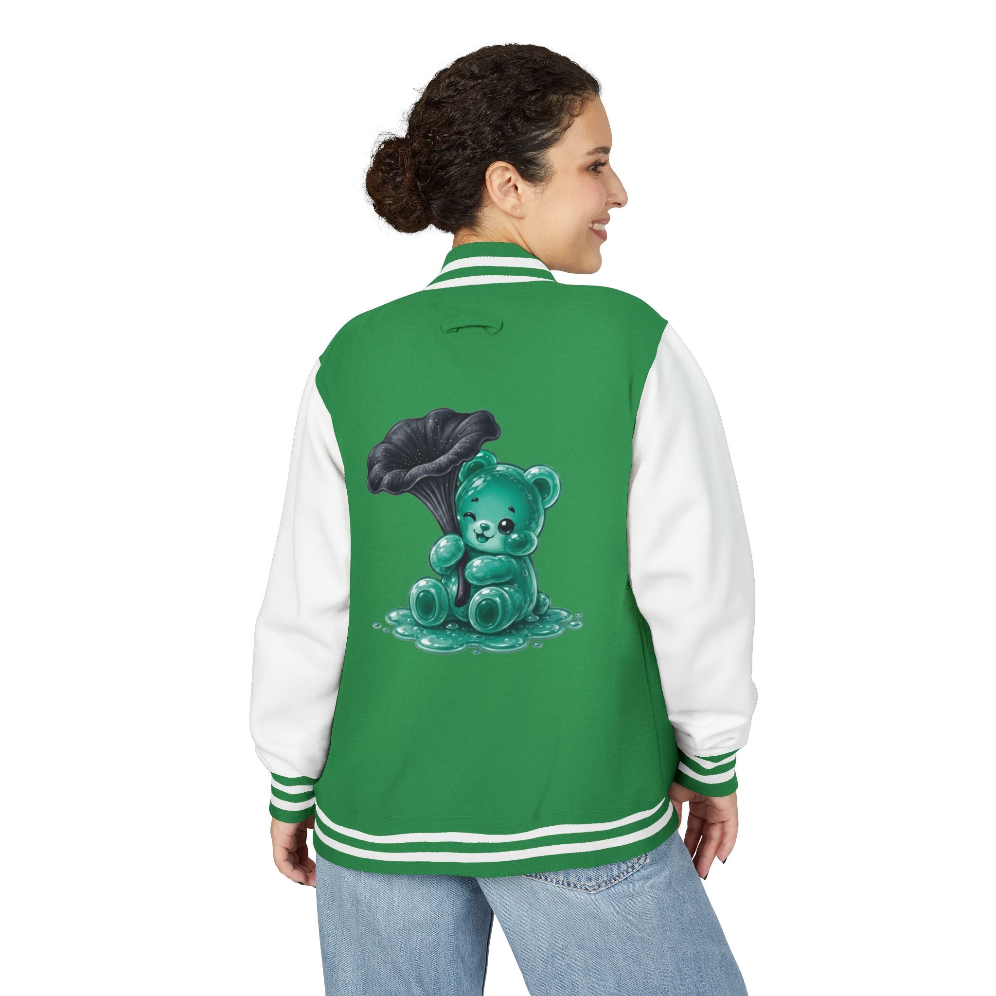 Black Trumpet Mushroom, Teal Oozy Bear Gummy Friend- Letterman Graphic Jacket