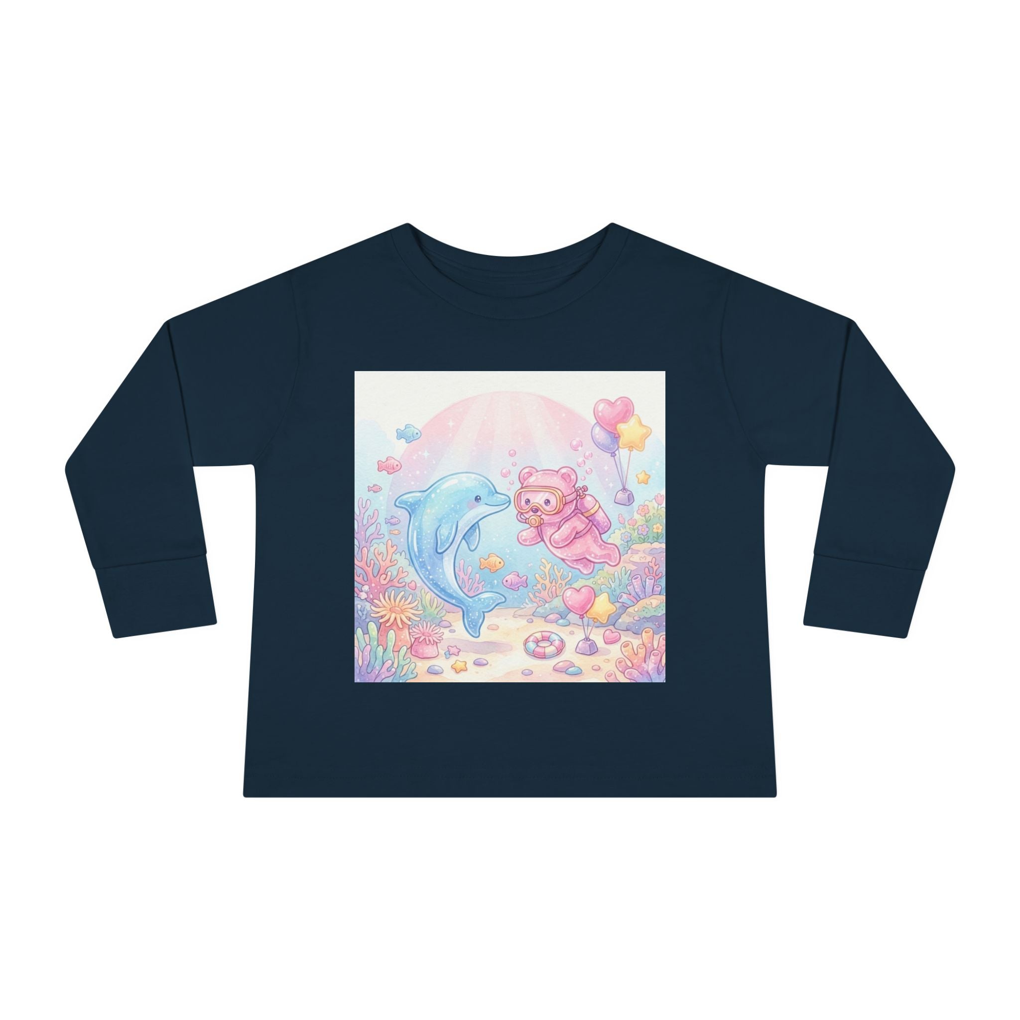 Cute Dolphin & Scuba Oozy Bear Pastel Underwater Friends- Graphic Long Sleeve Shirt