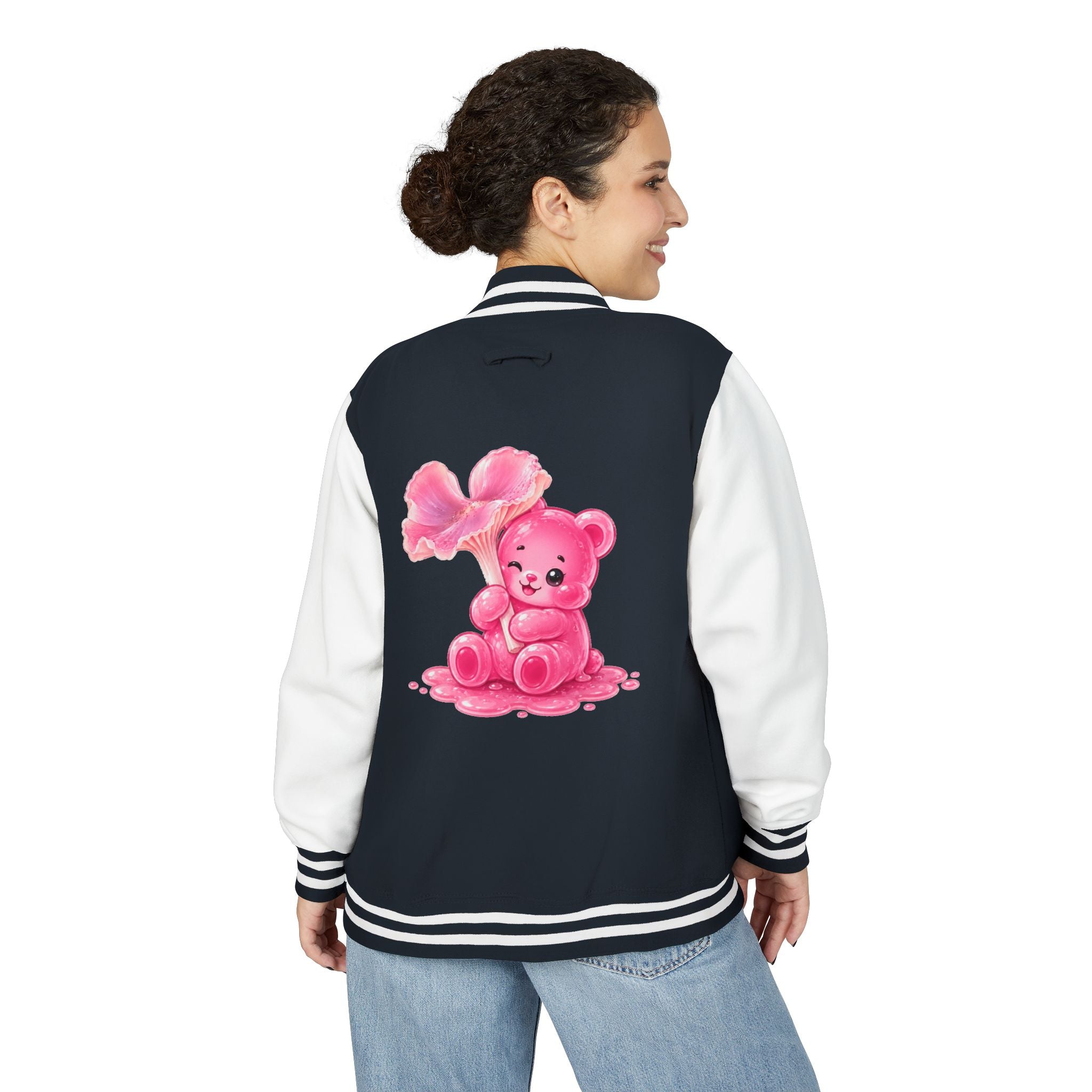 Pink Wax Cap Mushroom, Gooey Gummy Bear Friend — Kawaii Graphic Varsity Jacket
