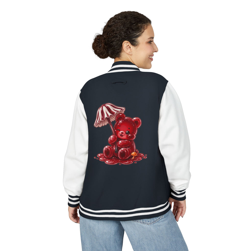 Red Stripped Mushroom Umbrella, Oozy Bear Gummy- Letterman Graphic Jacket
