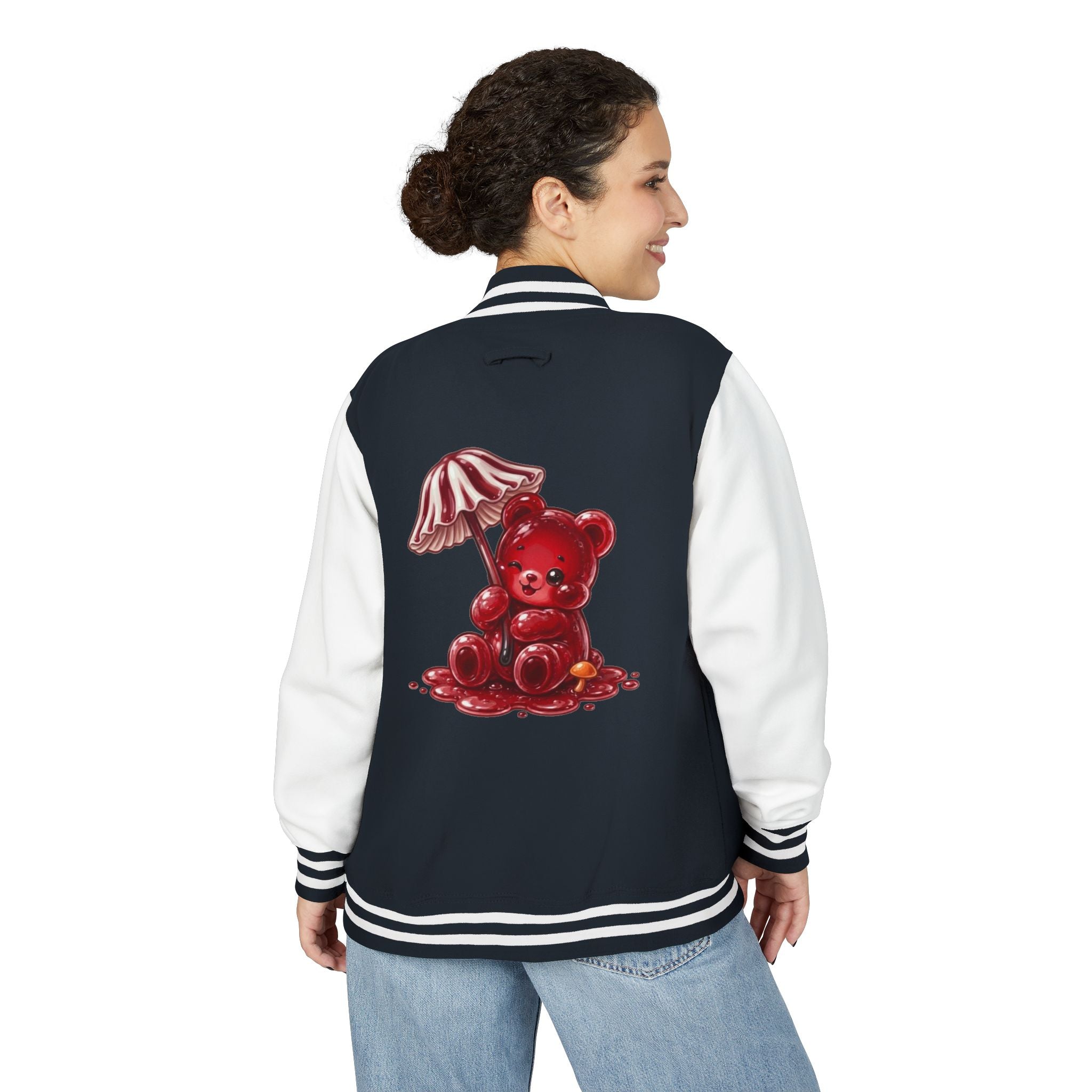 Red Stripped Mushroom Umbrella, Oozy Bear Gummy- Letterman Graphic Jacket