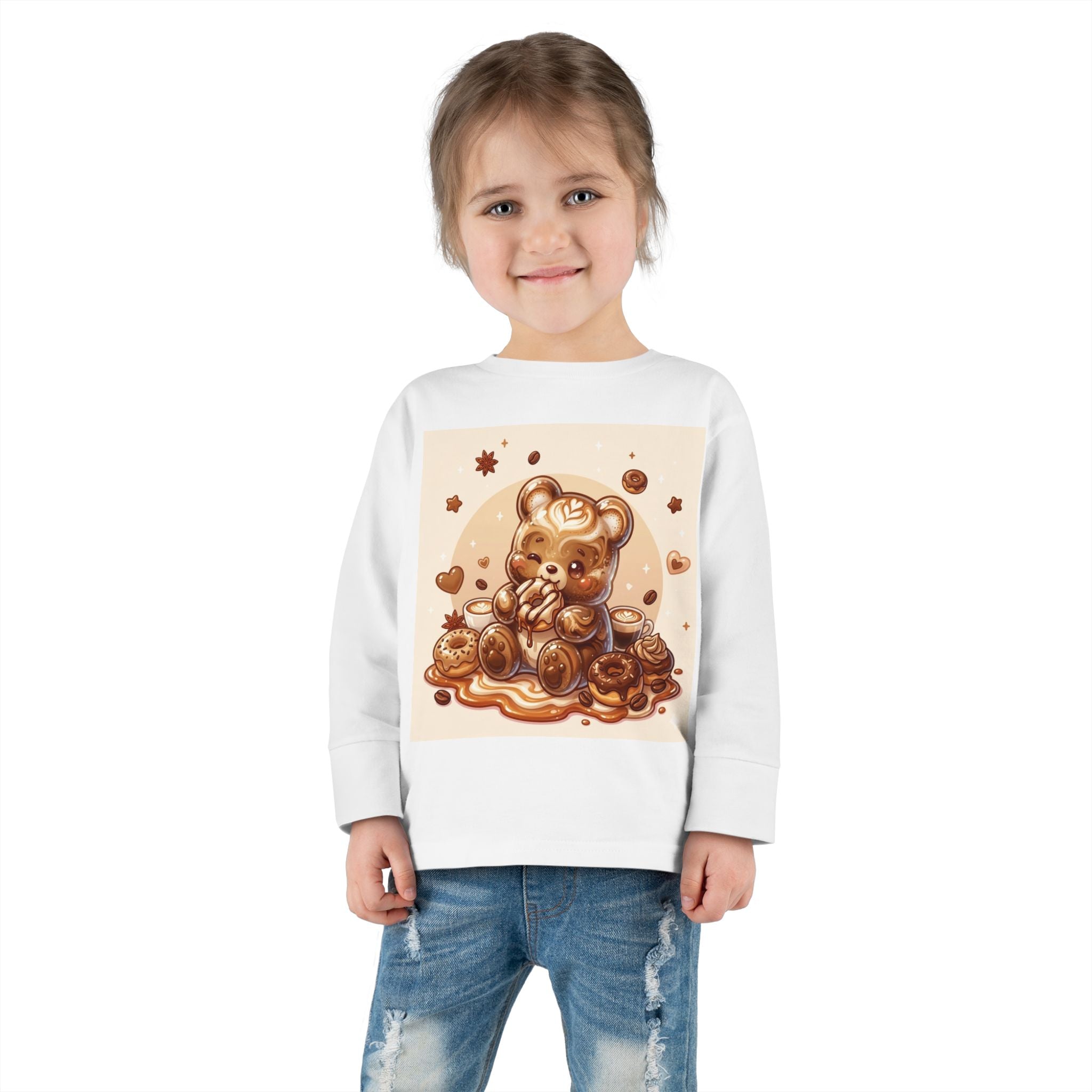 Coffee & Donuts with Chocolate, Oozy Bear Gummy Girls— Kids Illustrated Long Sleeve Shirt