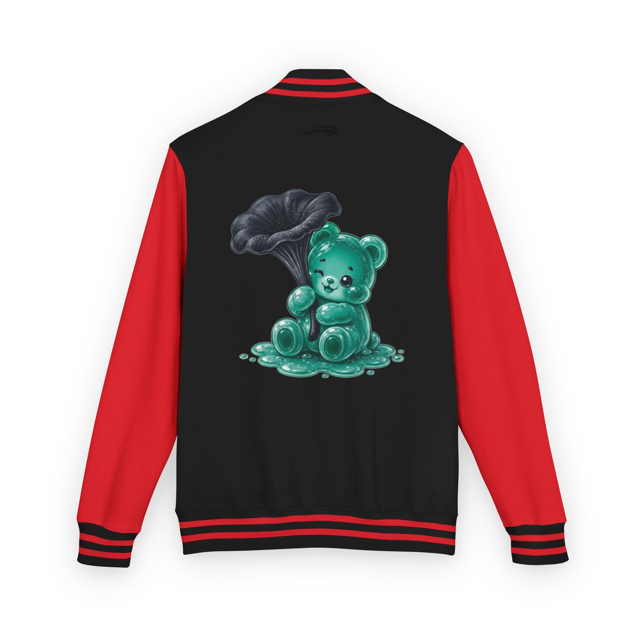 Black Trumpet Mushroom, Teal Oozy Bear Gummy Friend- Letterman Graphic Jacket