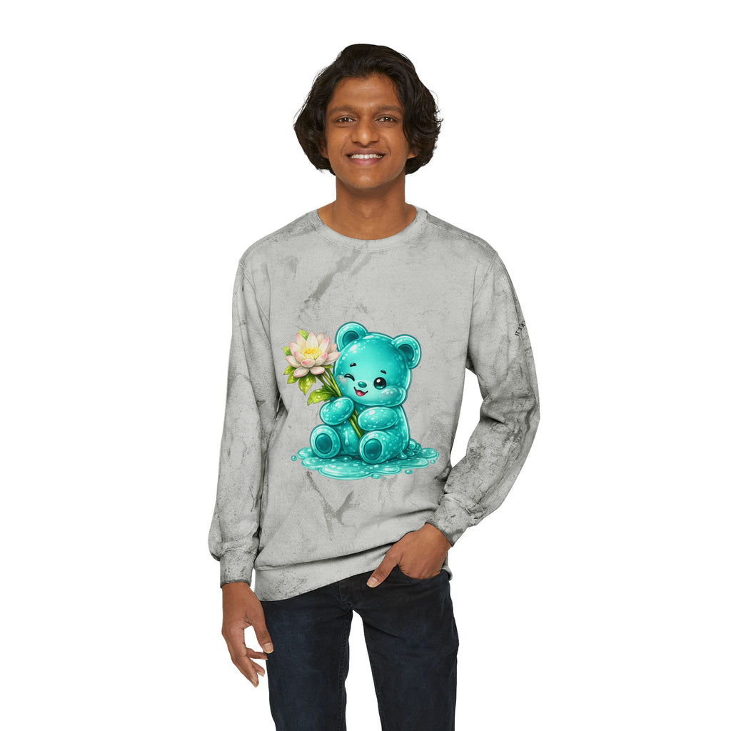 Beautiful White Lotus, Teal Gooey Gummy Bear Friend-Kawaii Graphic Sweatshirt
