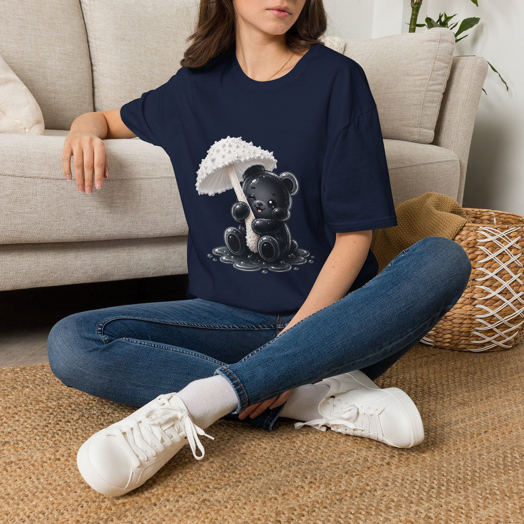 Beautiful Veiled White Mushroom, Black Oozy Bear Gummy Friend- Graphic Shirt