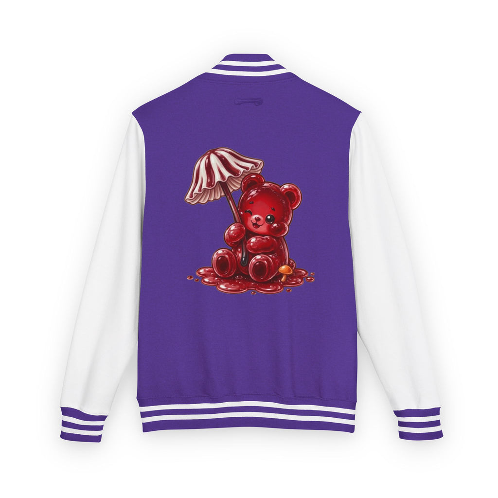 Red Stripped Mushroom Umbrella, Oozy Bear Gummy- Letterman Graphic Jacket