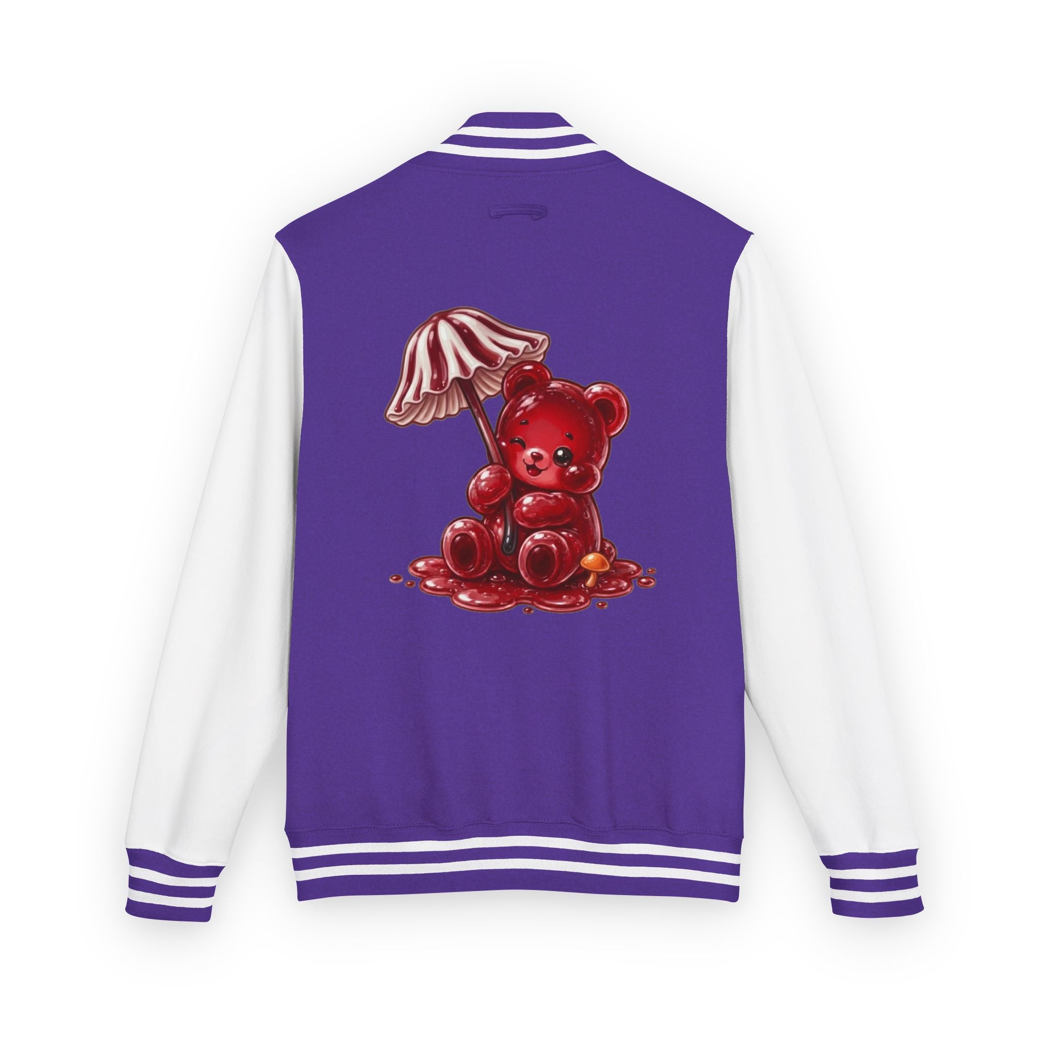 Red Stripped Mushroom Umbrella, Oozy Bear Gummy- Letterman Graphic Jacket