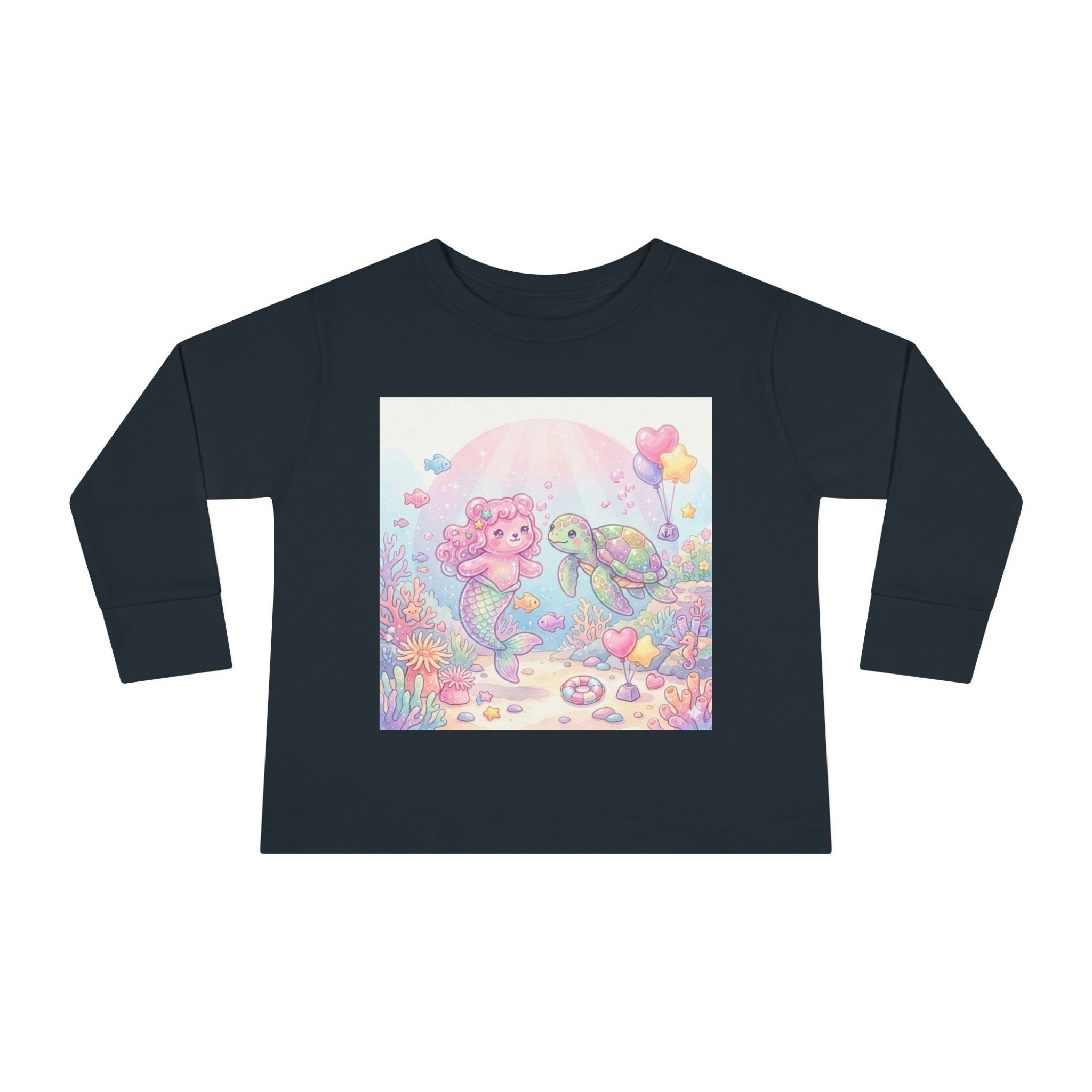 Pastel Oozy Bear Mermaid & Sea Turtle Cute Friends- Graphic Long Sleeve Shirt