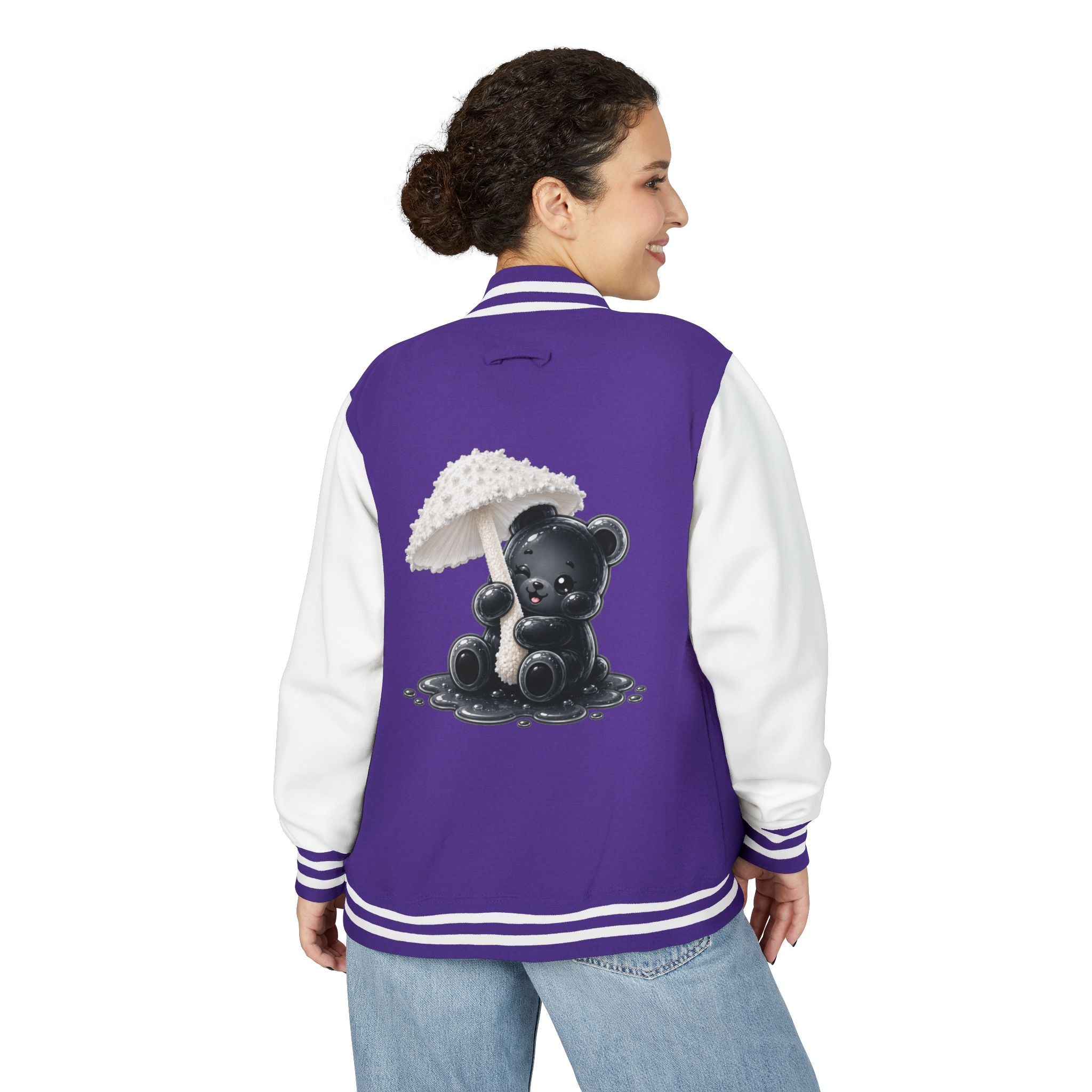 White Mushroom Umbrella, Black Gooey Gummy Bear — Kawaii Graphic Varsity Jacket