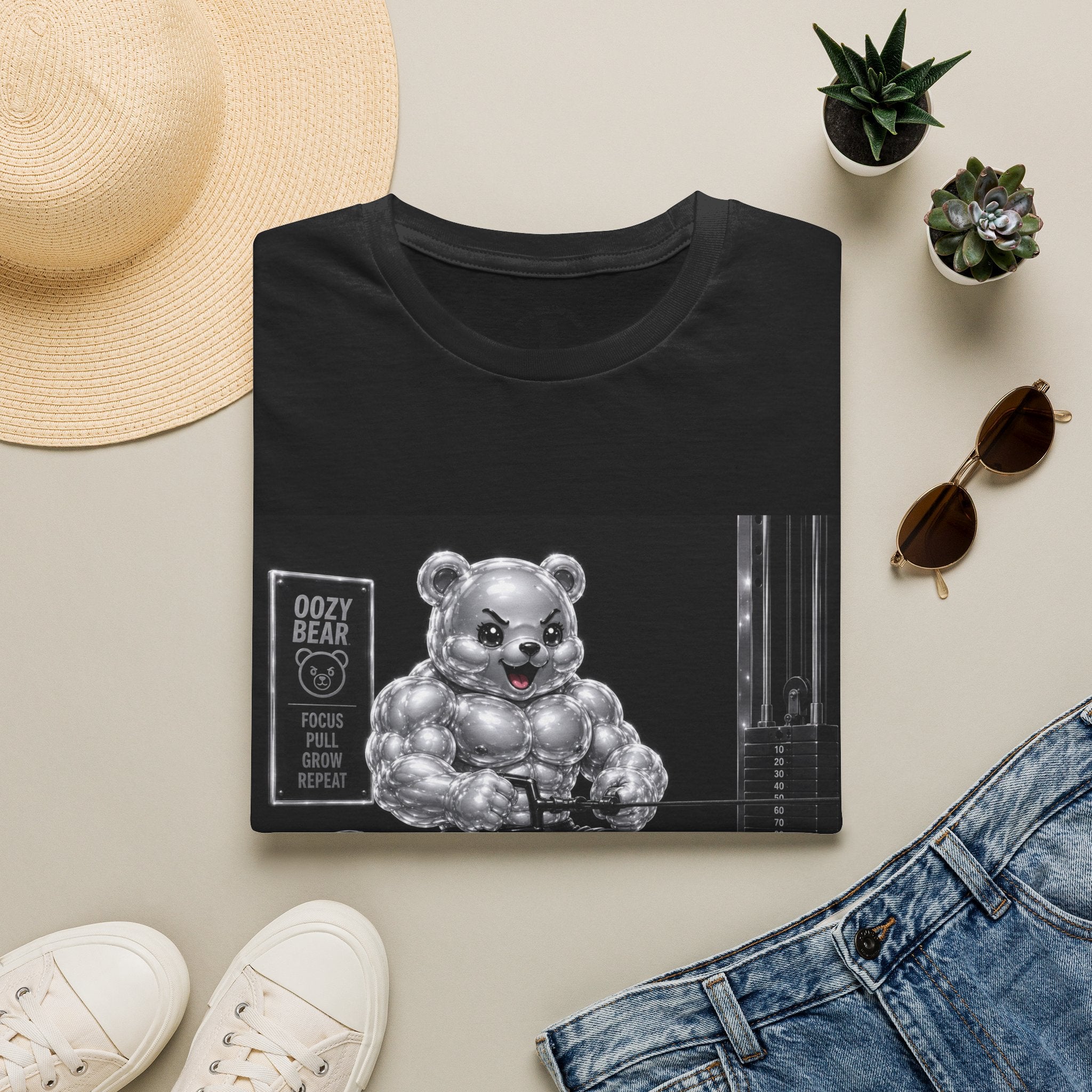 Working on the Bench, Silver Oozy Buff Bear Gummy Gym Addition- Adult Graphic Shirt