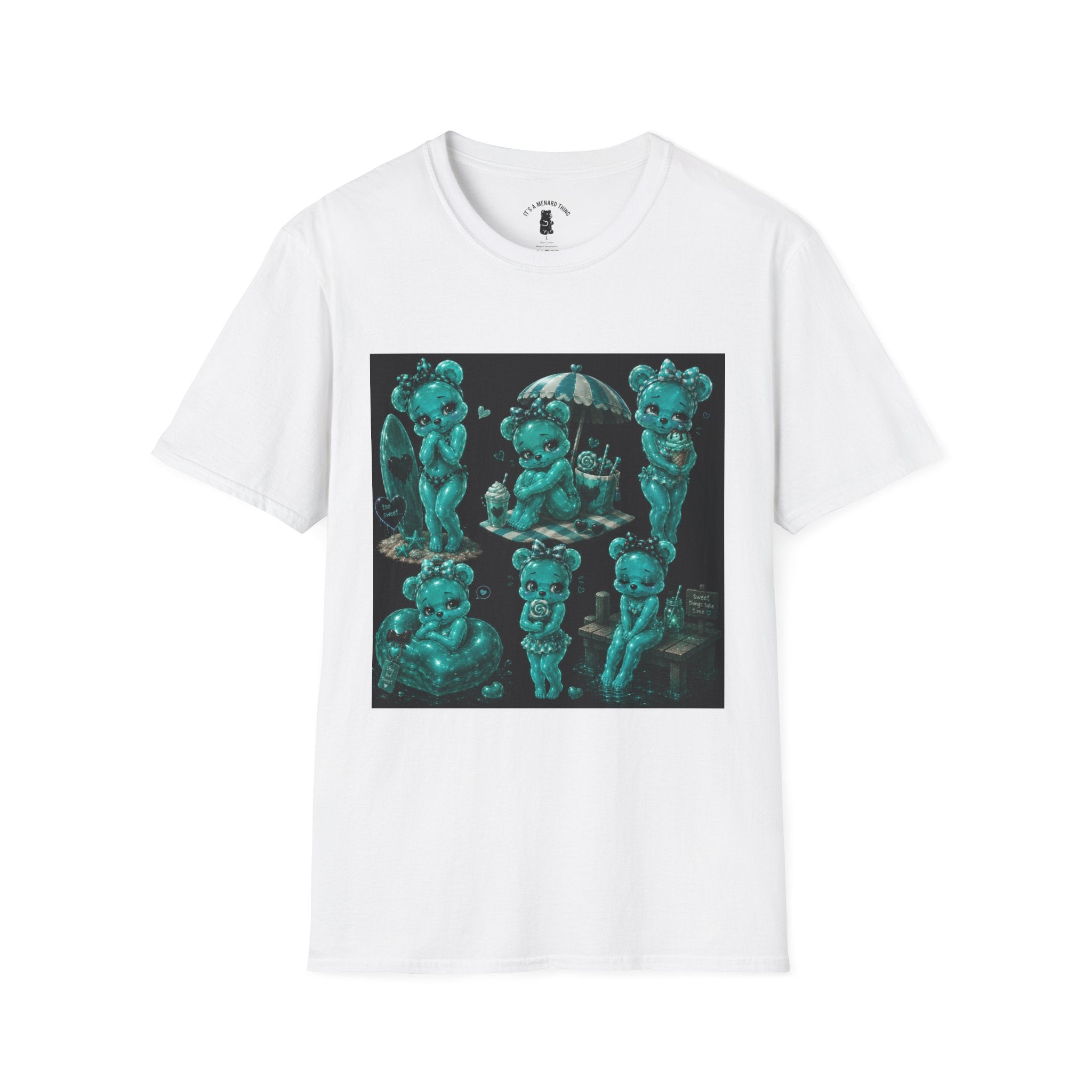 Kawaii Shy Teal Beach Babe Oozy Bear Gummy Pin Up- Adult Graphic Shirt (18+)