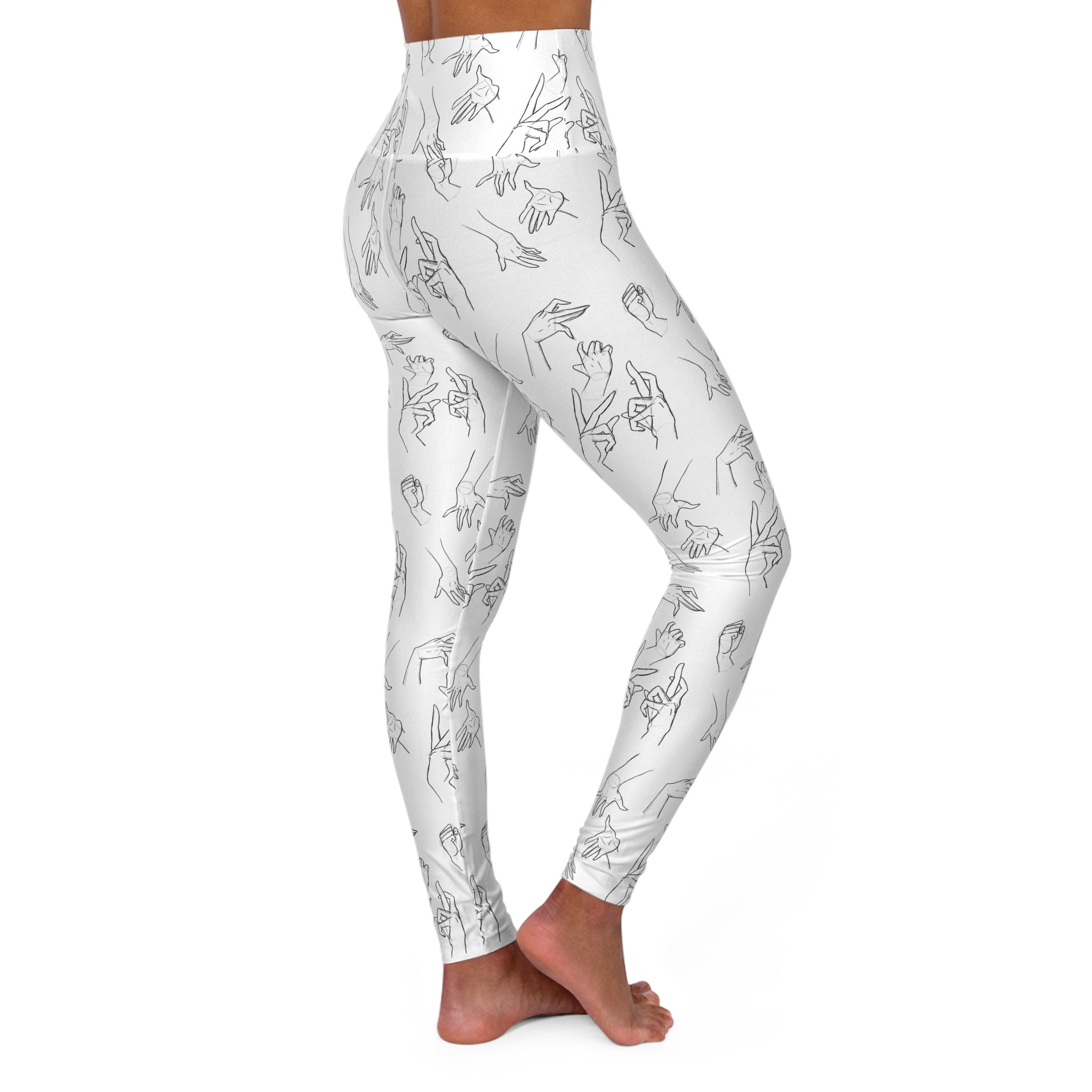 White High-Waist Yoga Leggings with Minimalist Line Art Hands — Stretch Activewear for Yoga & Everyday Wear