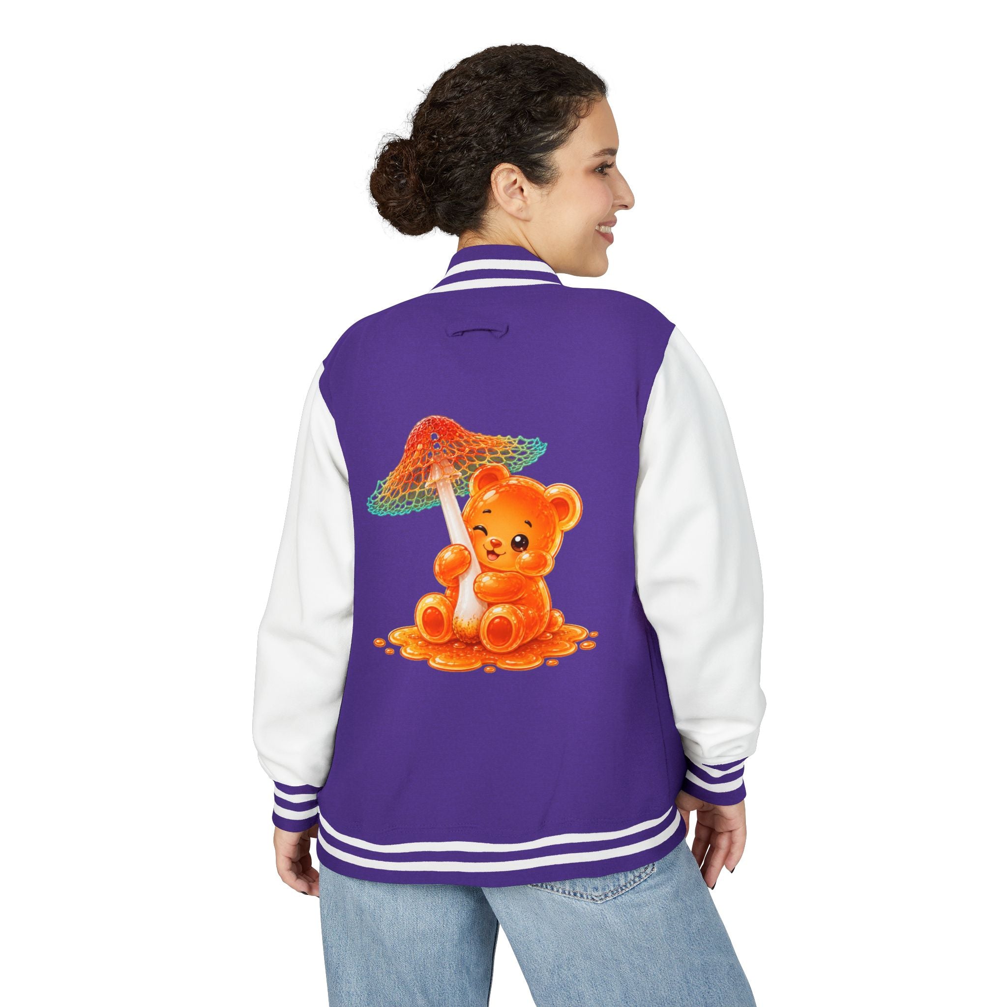 Pretty Orange and Teal Mushroom, Gooey Gummy Bear Friend — Kawaii Graphic Varsity Jacket