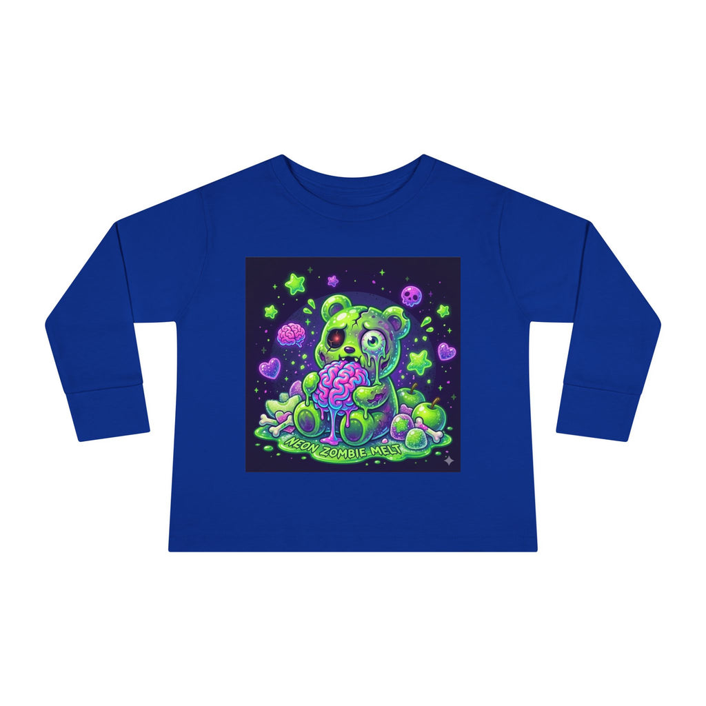 Neon Zombie Oozy Bear Gummy Halloween Addition- Kids Graphic Long Sleeve Shirt