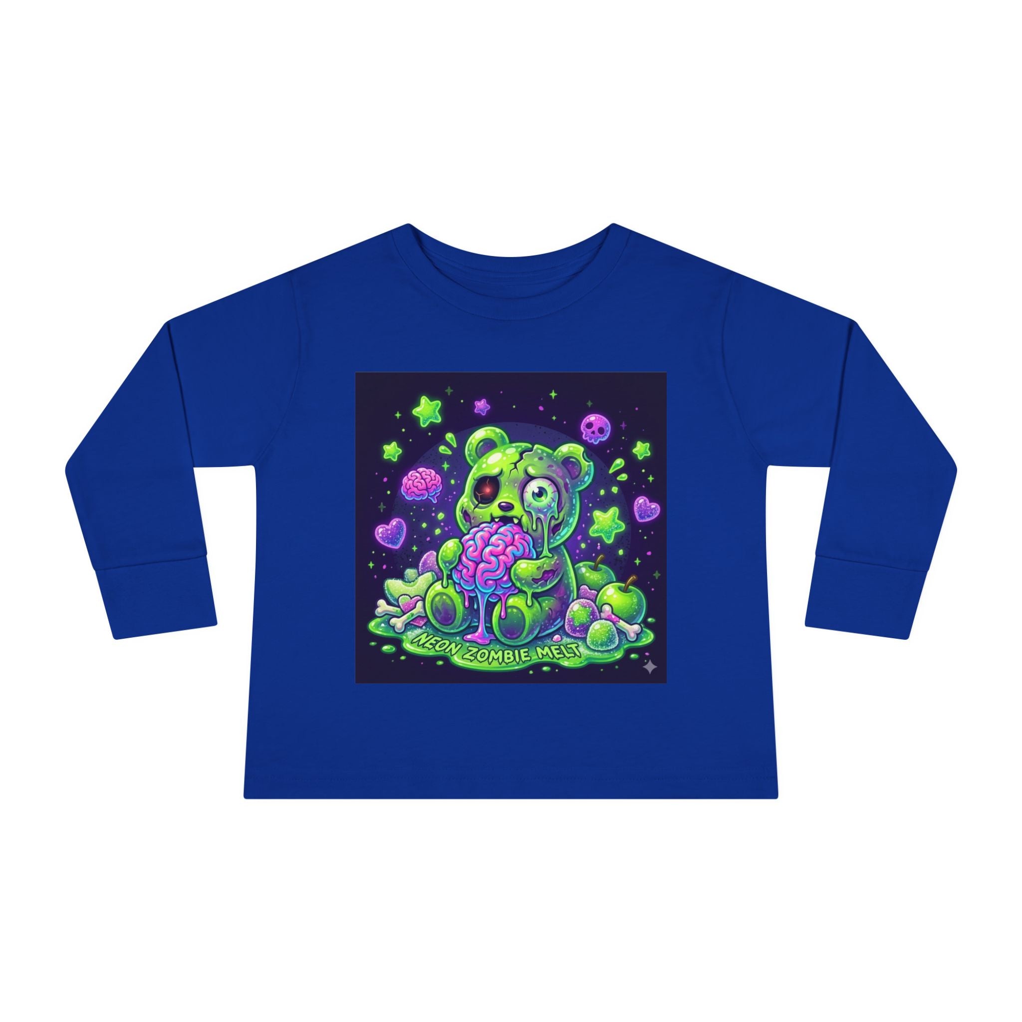 Neon Zombie Oozy Bear Gummy Halloween Addition- Kids Graphic Long Sleeve Shirt