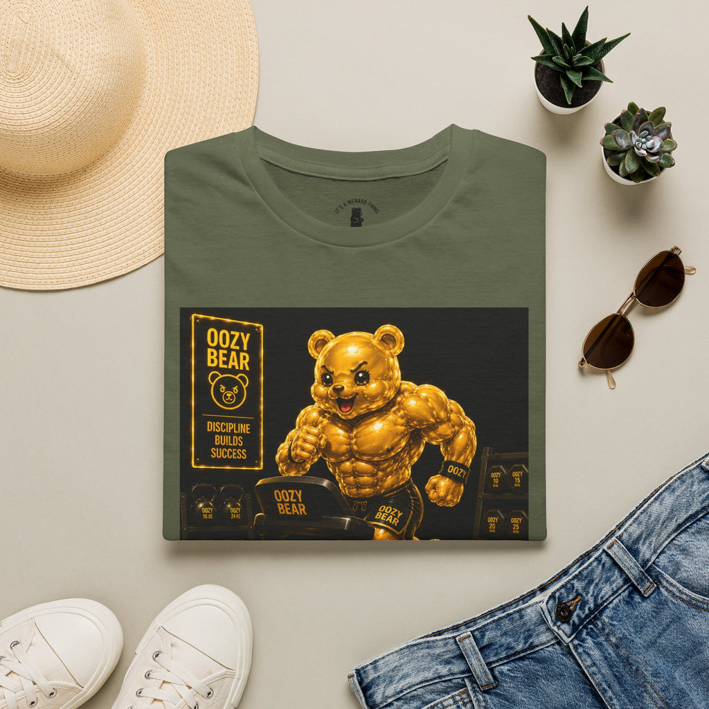 Running The Treadmill, Golden Yellow Oozy Buff Bear Workout- Adult Graphic Shirt