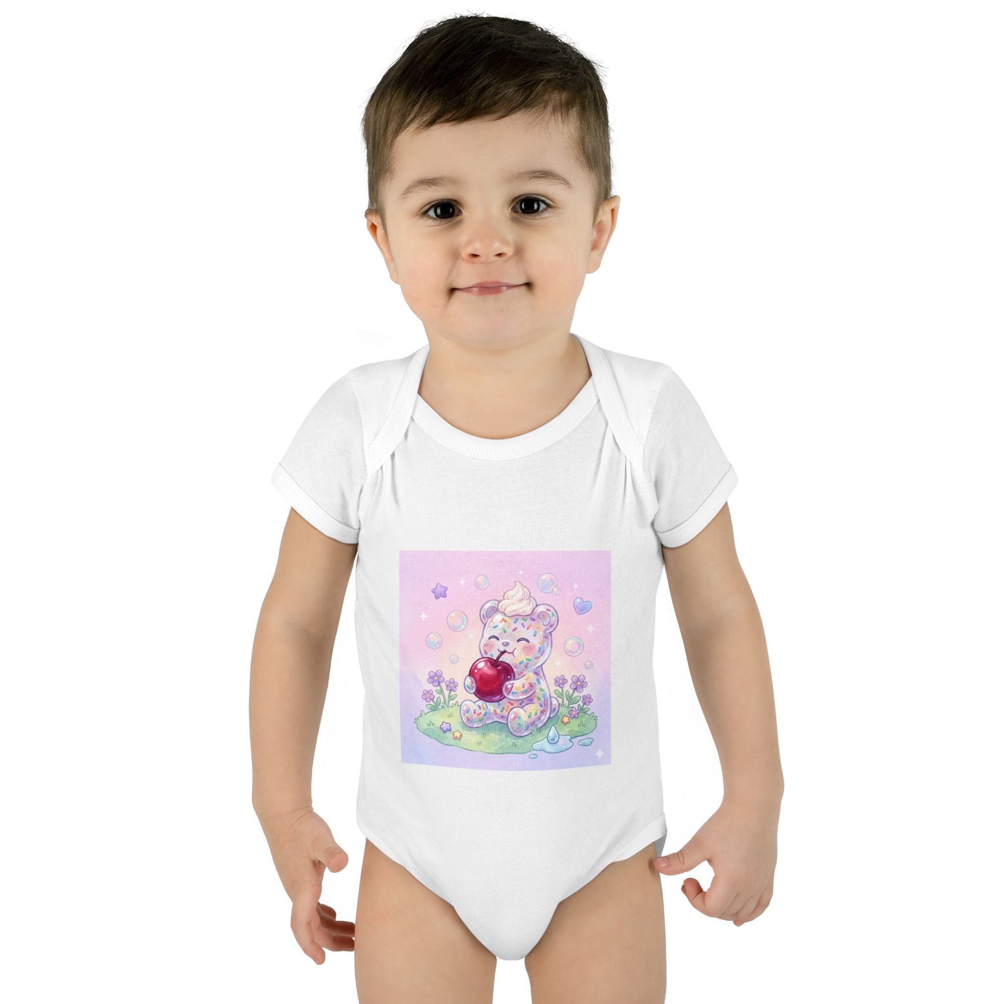 Gooey Gummy Birthday Sprinkles Cake bear eating a Cherry- Infant Onesie