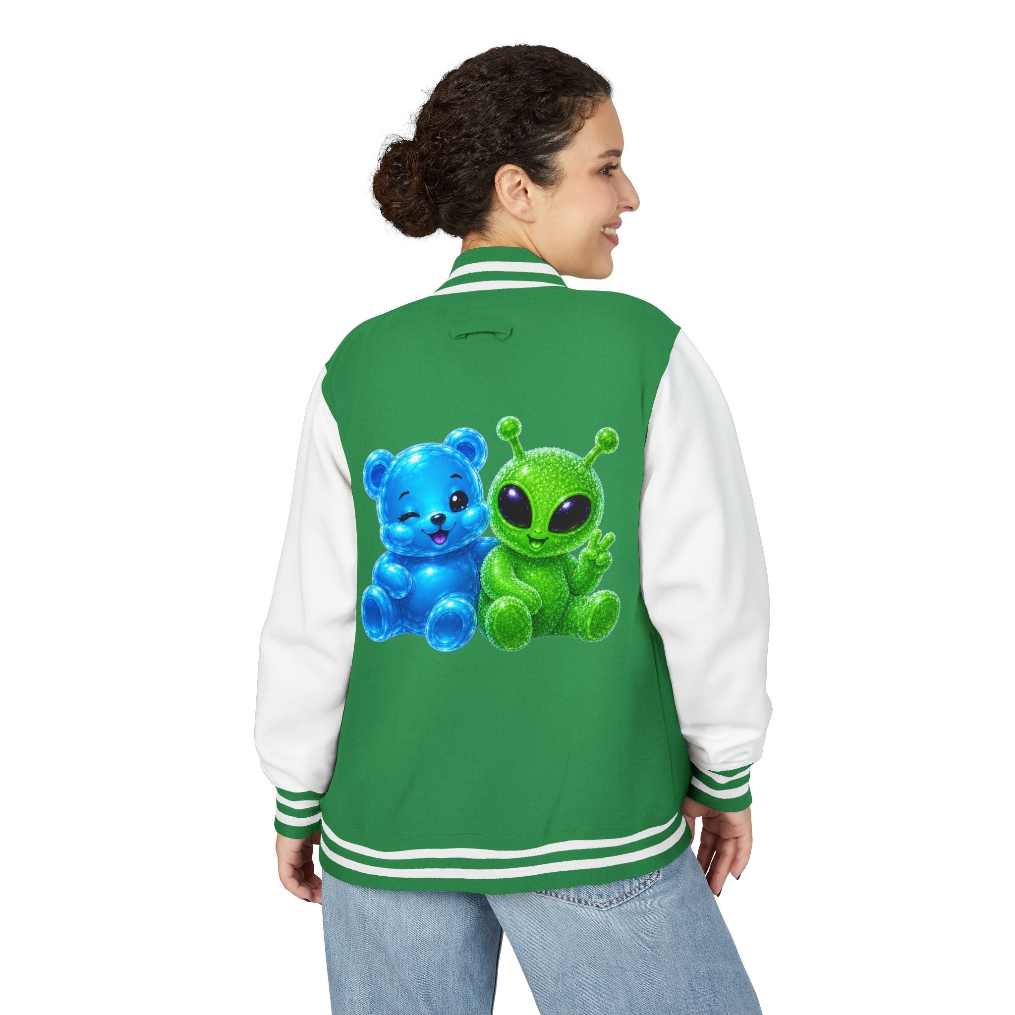 Green Alien and Blue Oozy Bear Gummy Special Addition- Letterman Graphic Jacket