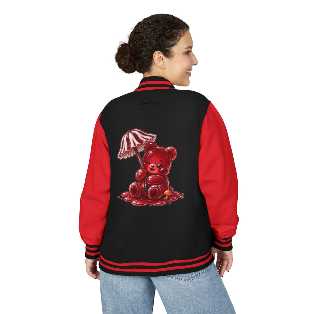 Red Stripped Mushroom Umbrella, Oozy Bear Gummy- Letterman Graphic Jacket