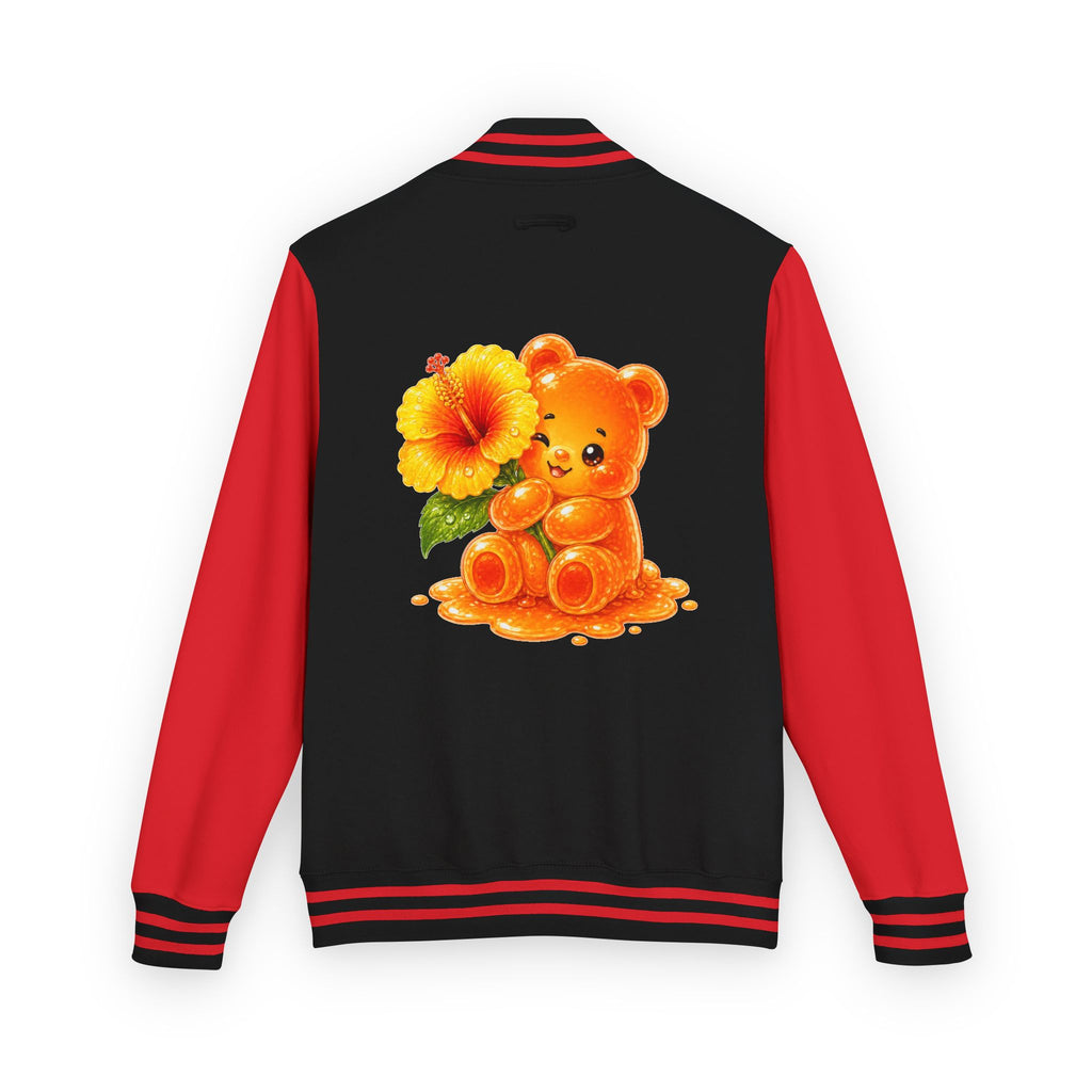 Golden Hibiscus, Yellow Gooey Gummy Bear Friend- Kawaii Varsity Jacket