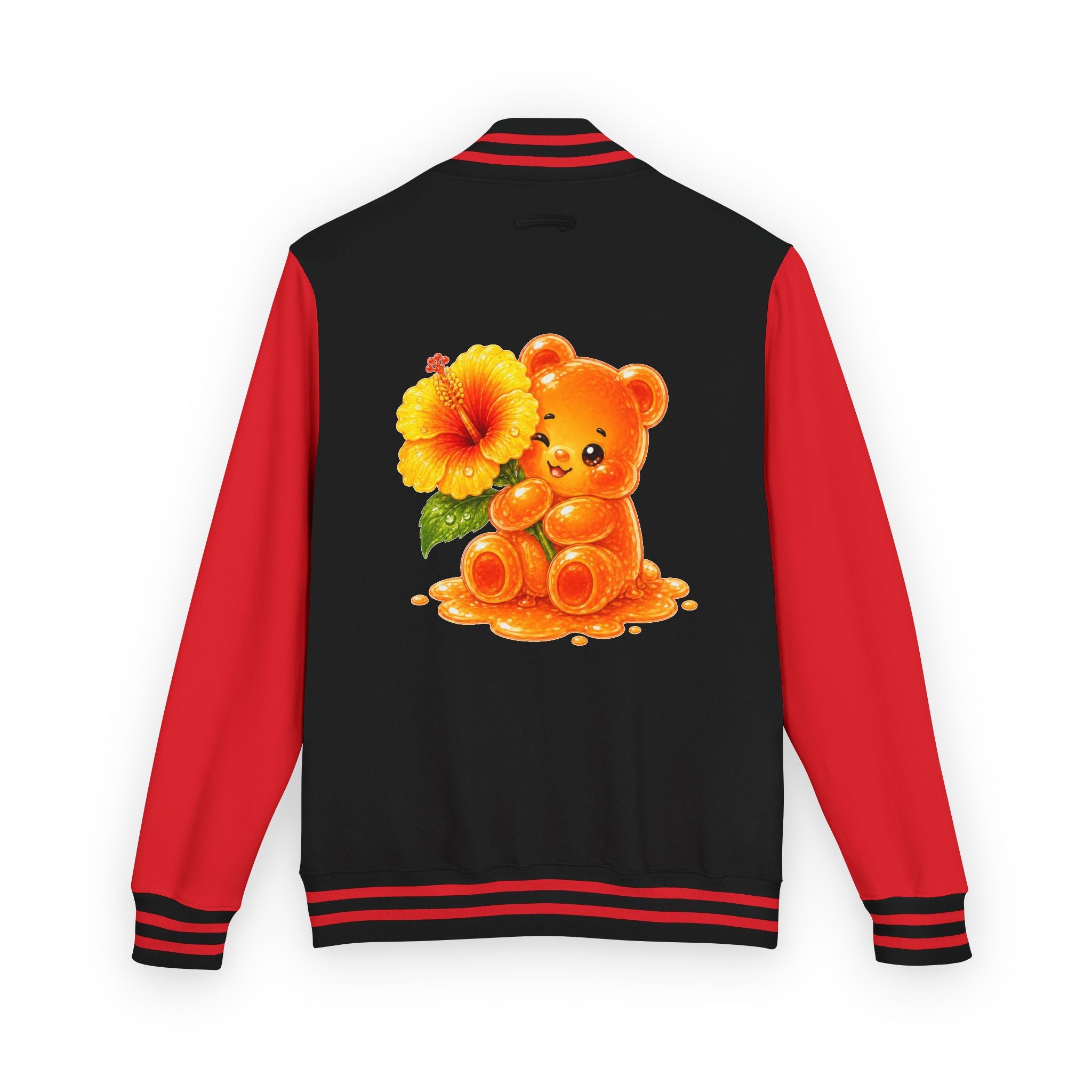 Golden Hibiscus, Yellow Gooey Gummy Bear Friend- Kawaii Varsity Jacket