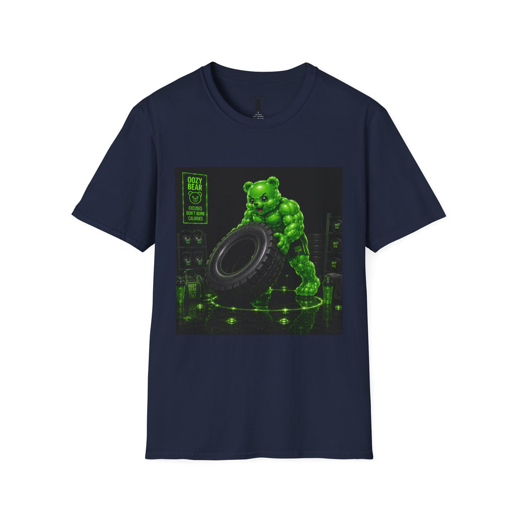 Tire Flipping Work Out, Emerald Oozy Buff Bear Gym Addition- Adult Graphic Shirt