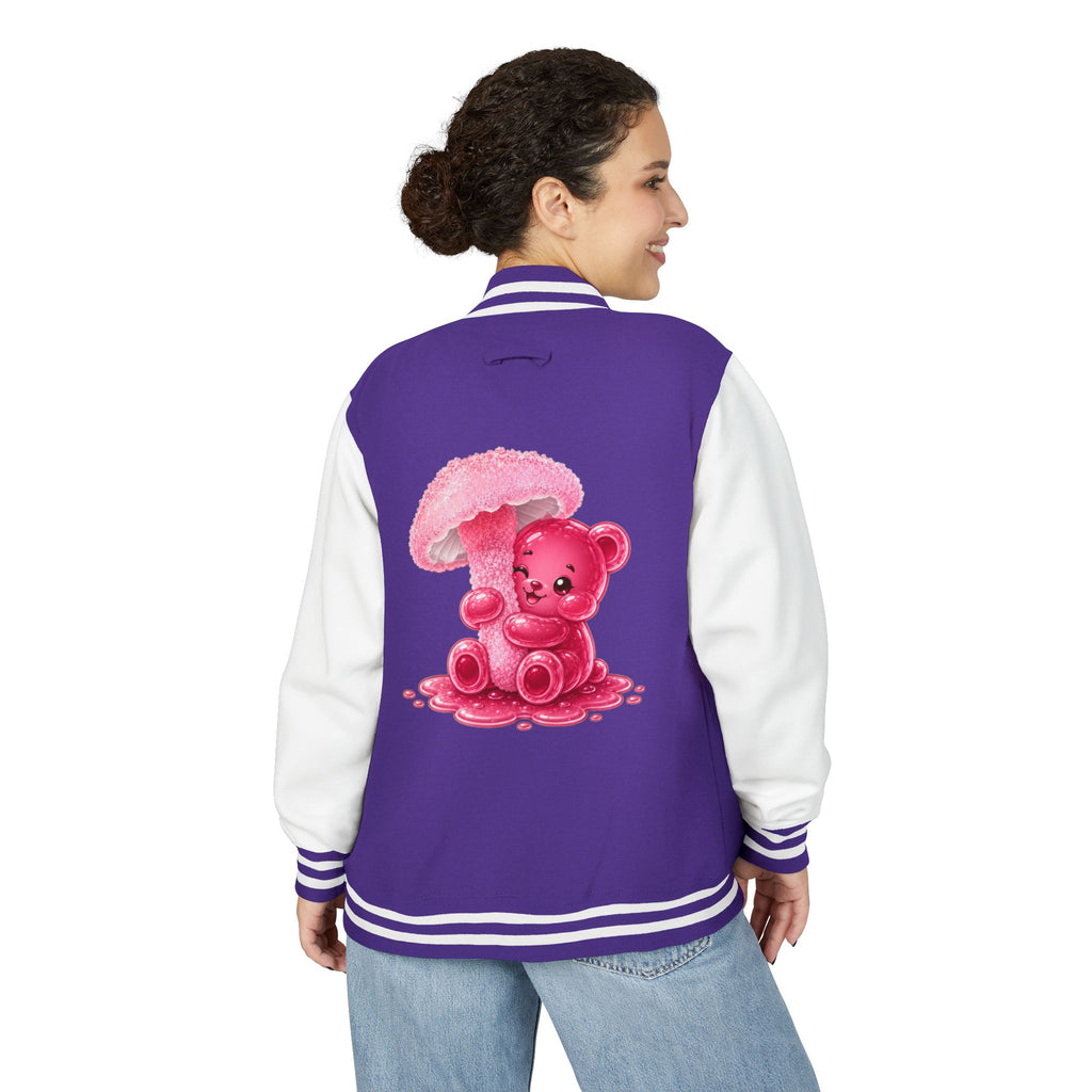 Pretty Pink Mushroom, Gooey Gummy Bear Friend —  Kawaii Graphic Varsity Jacket