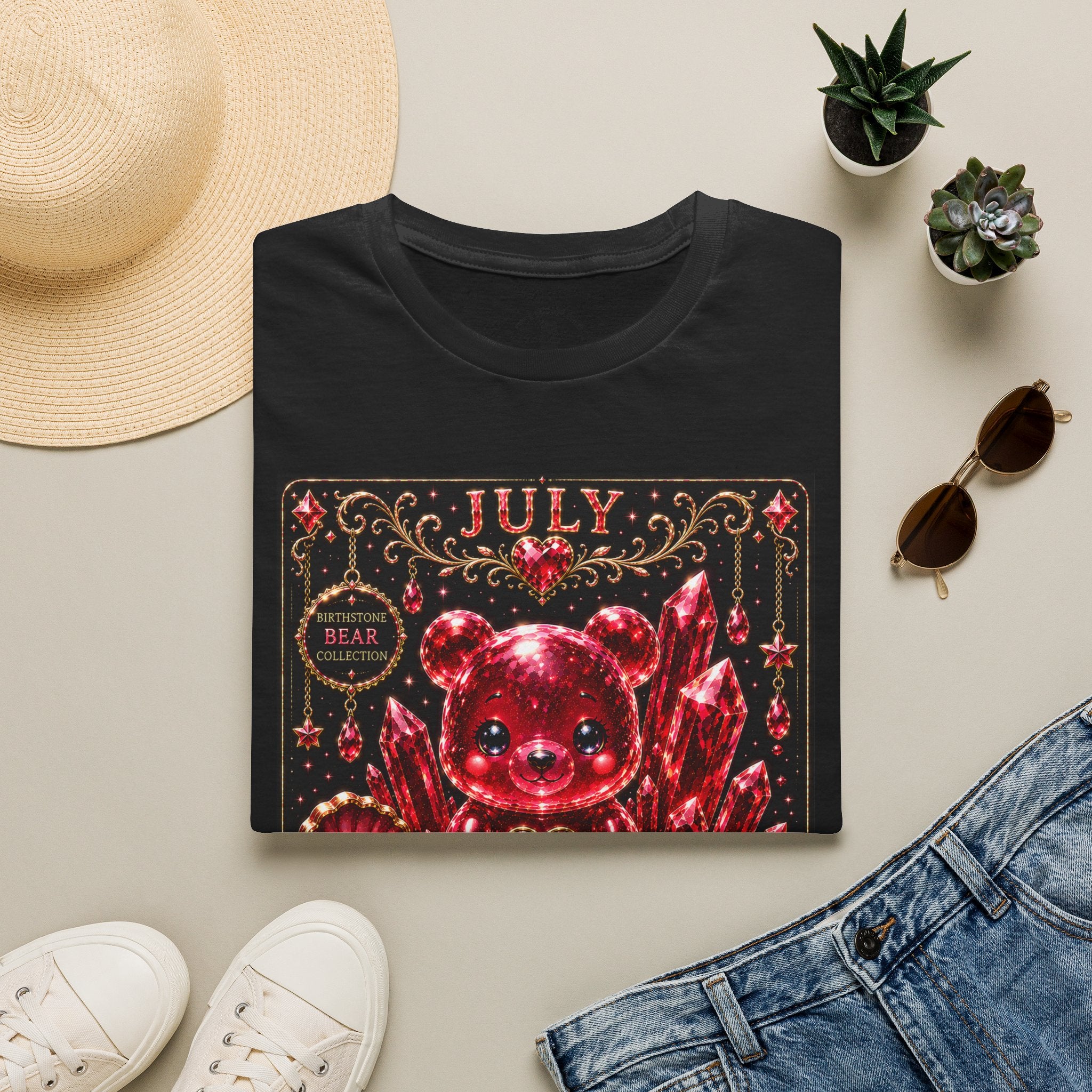 July Ruby Crystal Oozy Bear Birth Month Gemstone Addition- Graphic Shirt