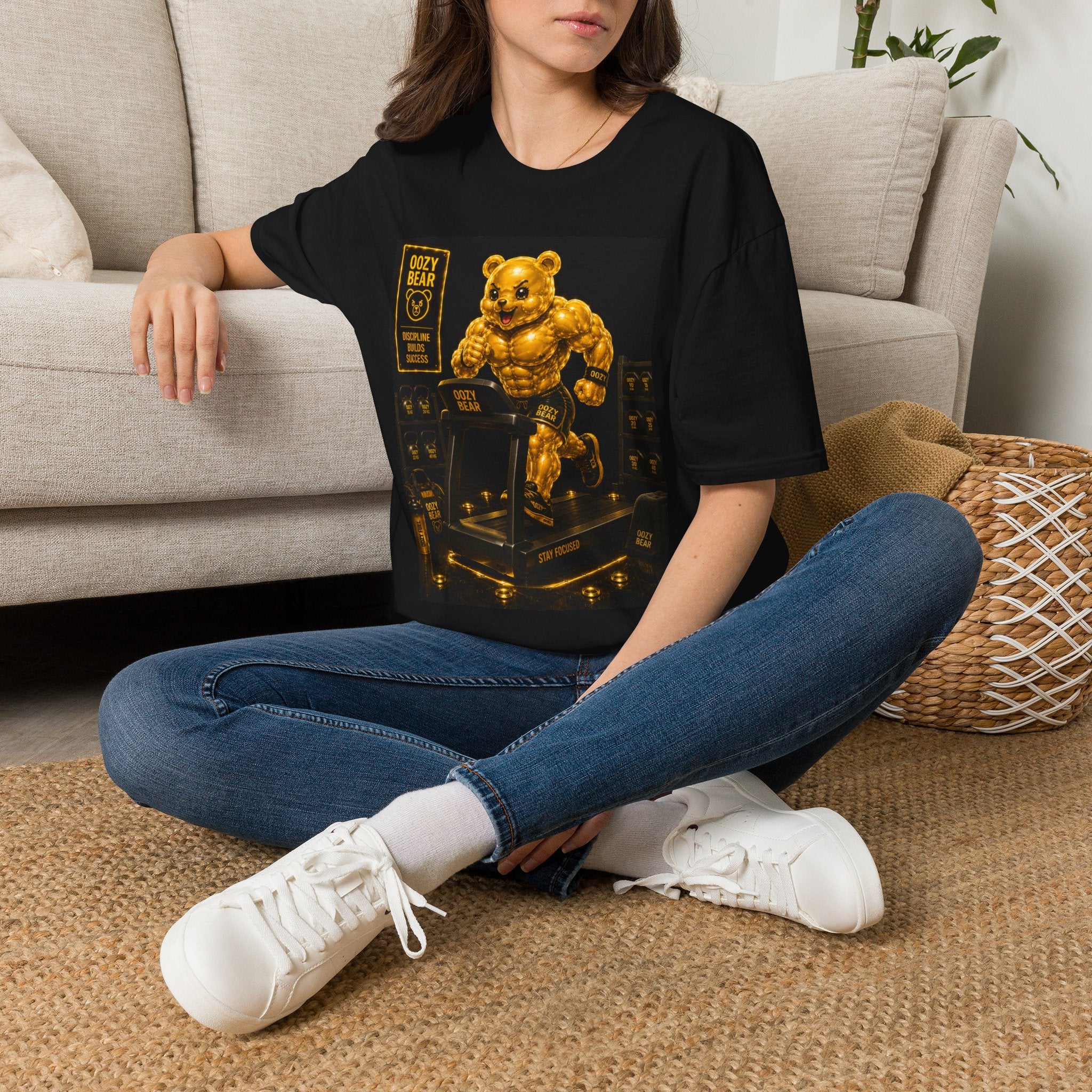 Running The Treadmill, Golden Yellow Oozy Buff Bear Workout- Adult Graphic Shirt