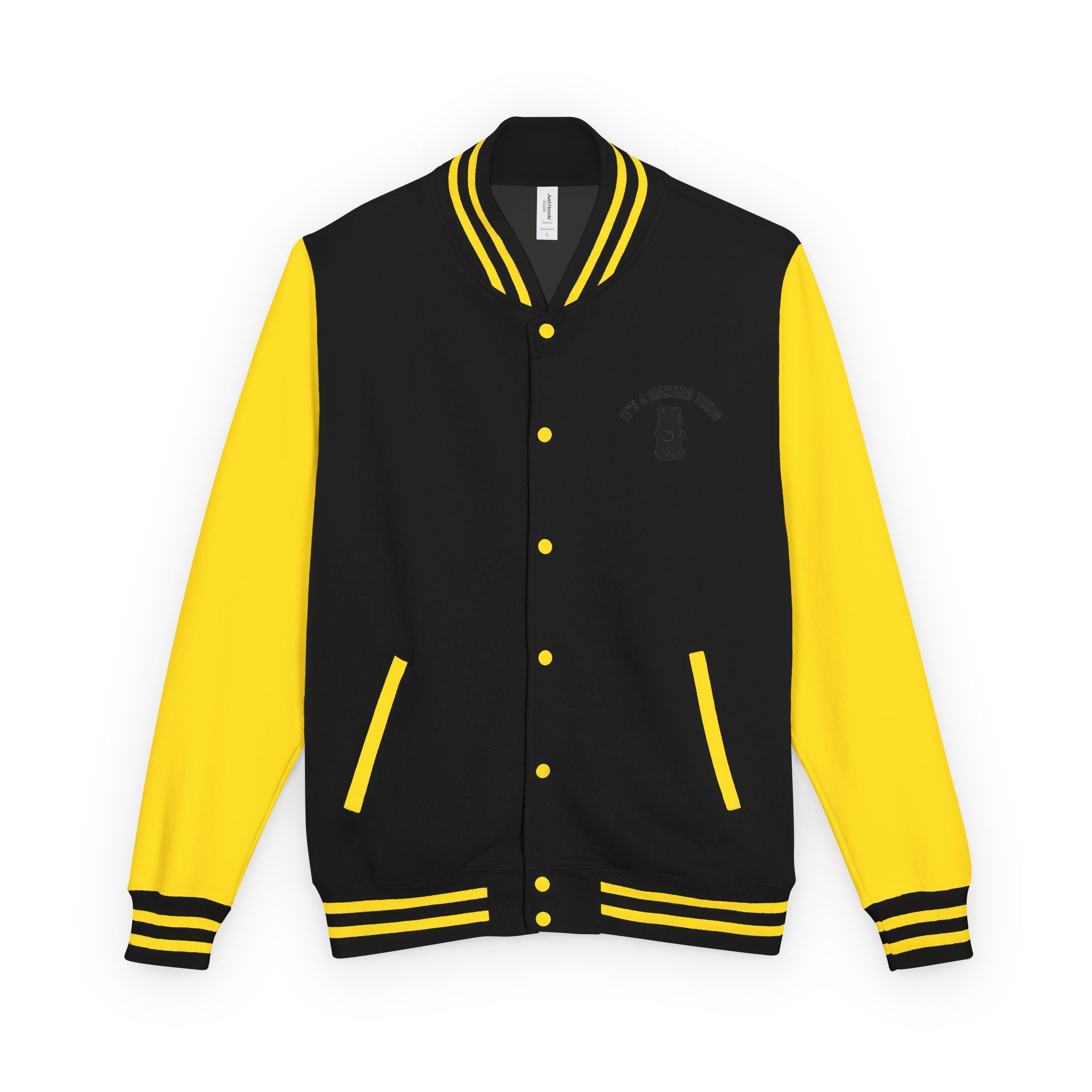 Golden Hibiscus, Yellow Gooey Gummy Bear Friend- Kawaii Varsity Jacket