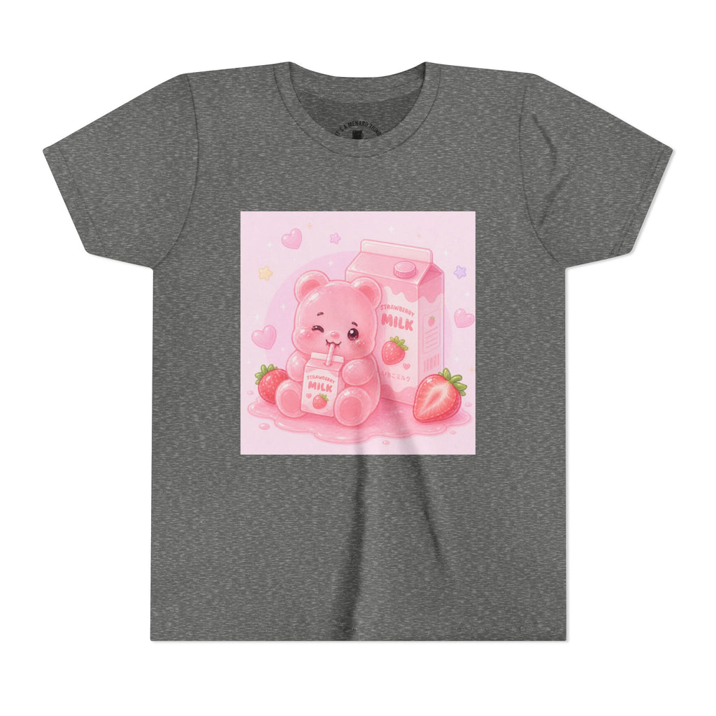 Kids' Pink Strawberry Milk Gooey Gummy Bear— Cute Youth Short Sleeve Shirt