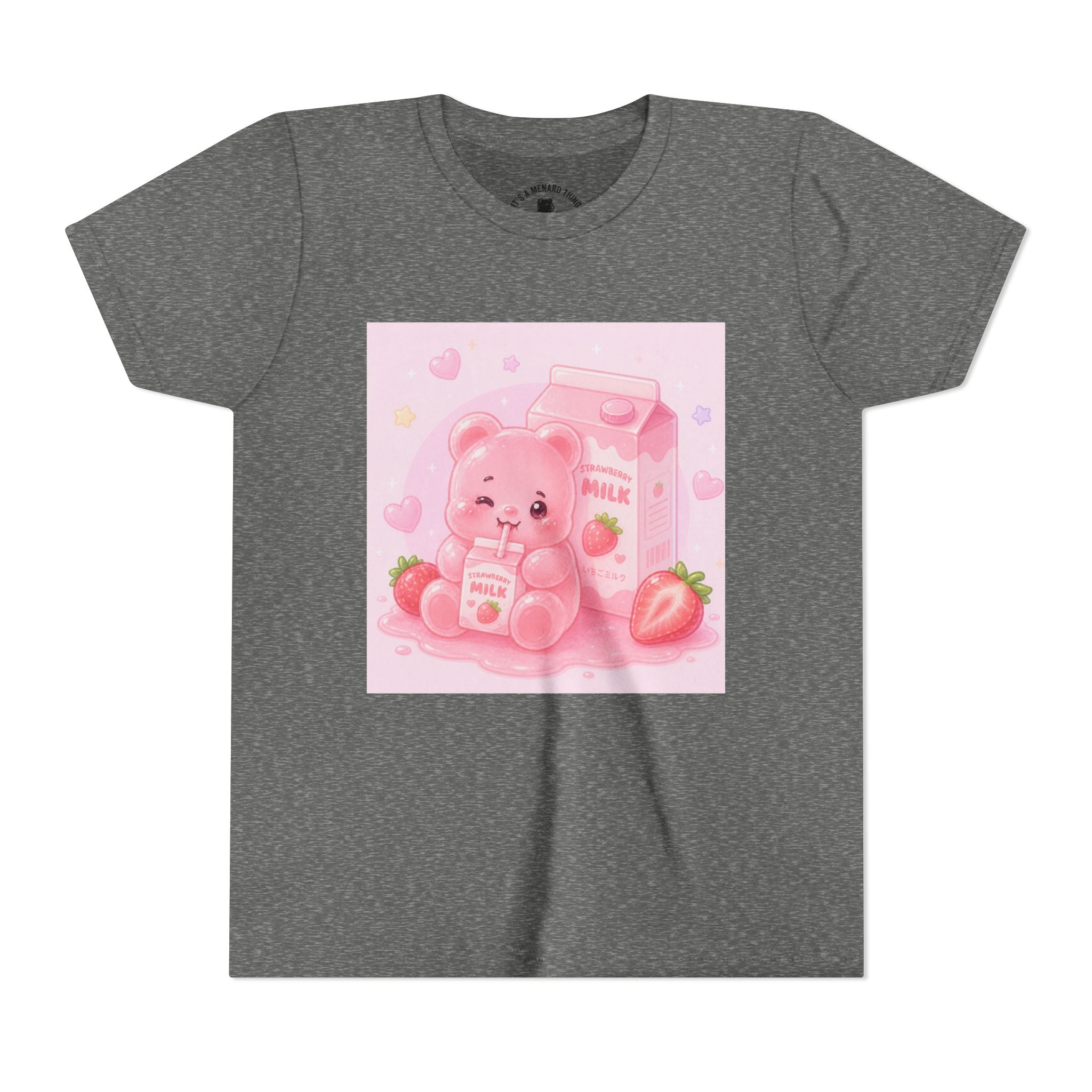 Kids' Pink Strawberry Milk Gooey Gummy Bear— Cute Youth Short Sleeve Shirt