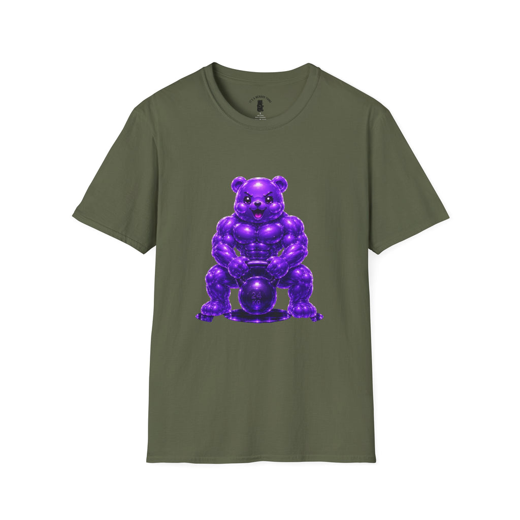 Brawny Violet Oozy Buff Bear with Kettleball Weight- Adult Graphic Shirt (18+)