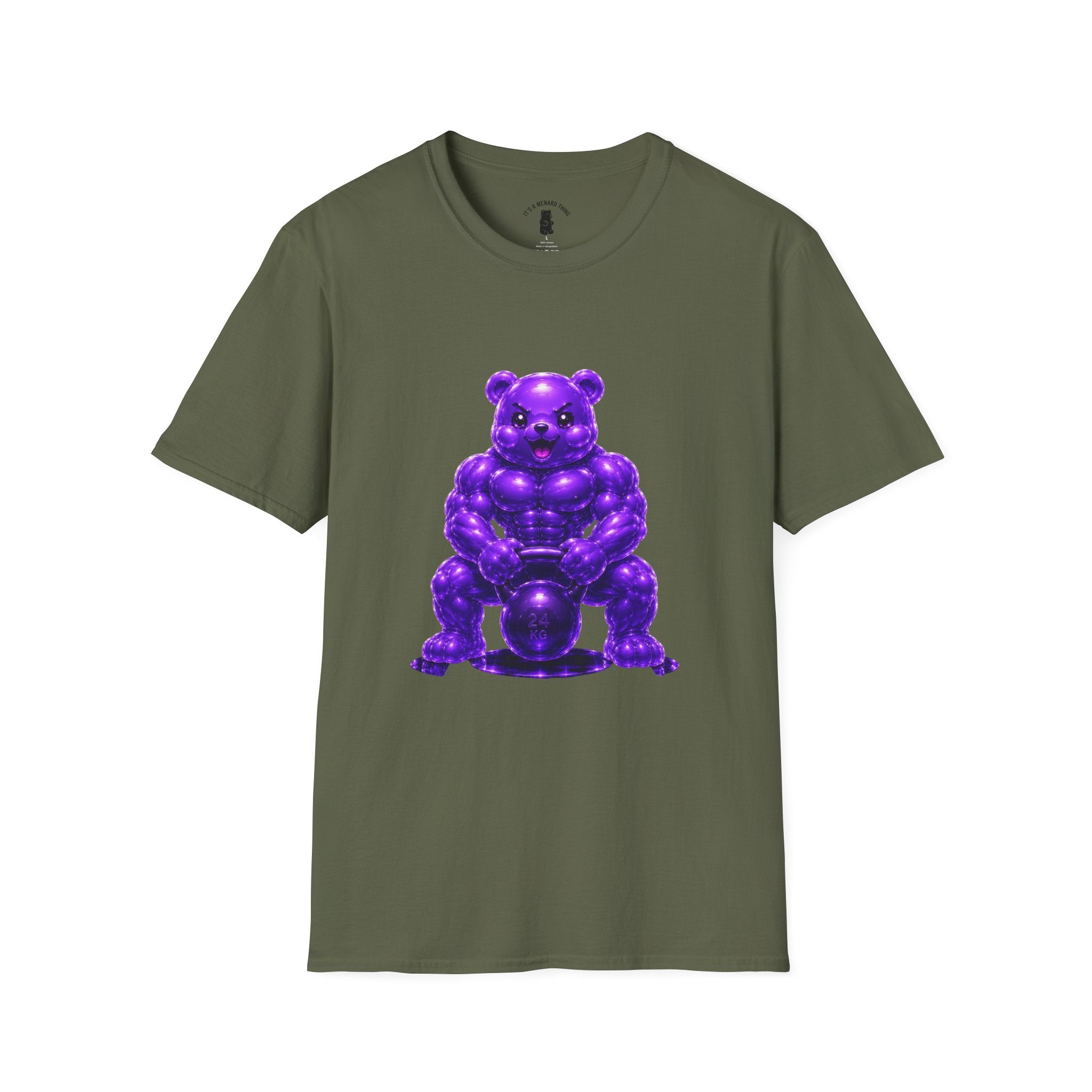 Brawny Violet Oozy Buff Bear with Kettleball Weight- Adult Graphic Shirt (18+)