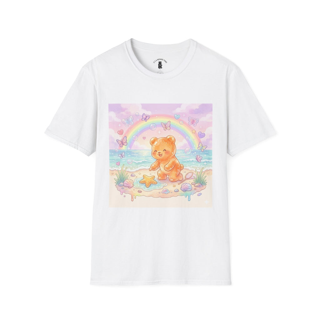 Cute Beach Teddy T-Shirt — Rainbow Seashells & Starfish Graphic Tee