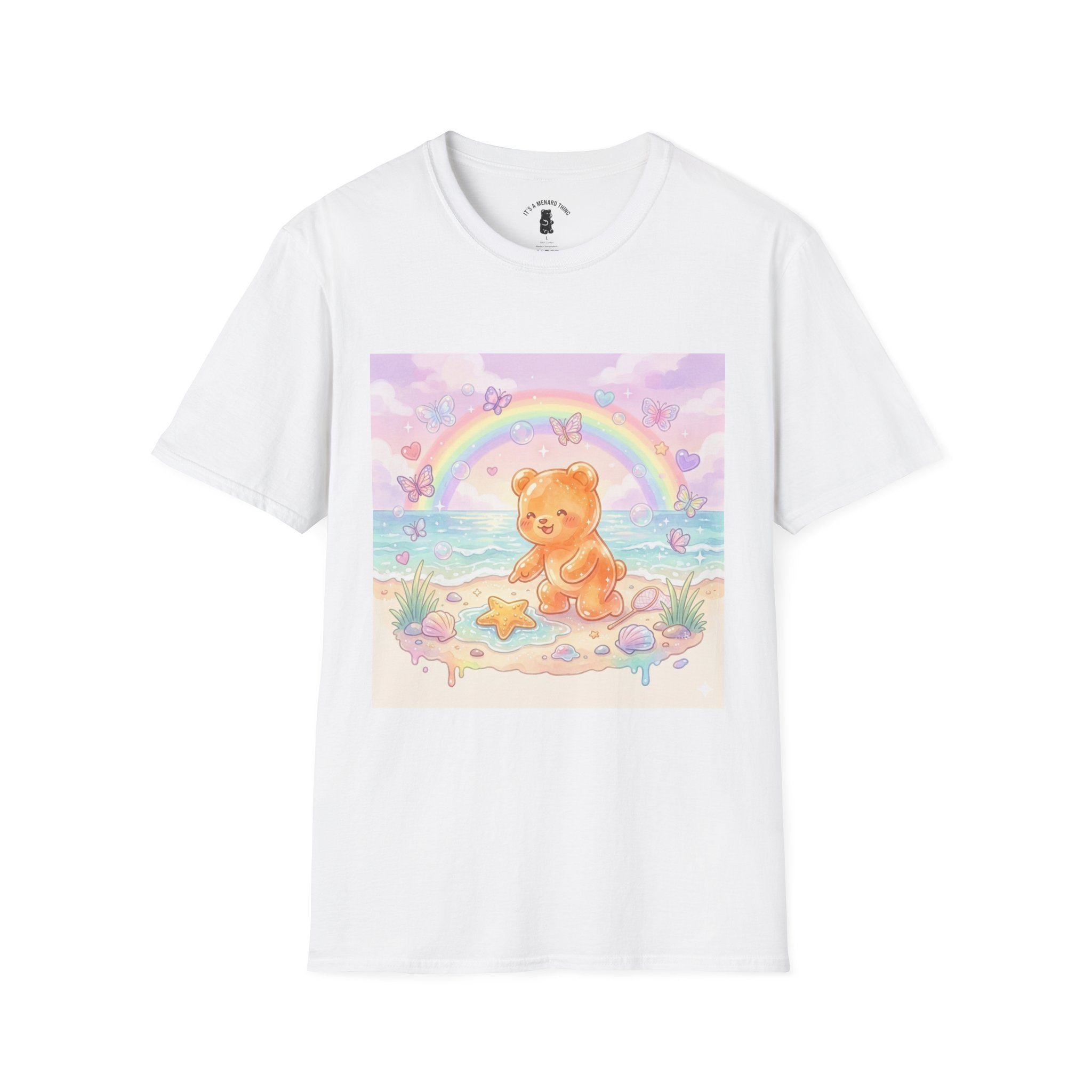 Cute Beach Teddy T-Shirt — Rainbow Seashells & Starfish Graphic Tee