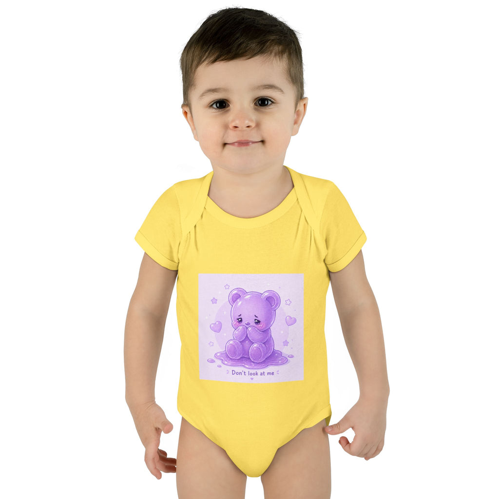 Purple Gooey Gummy Shy bear Baby Bodysuit - "Don't Look at Me" Cute Infant Onesie