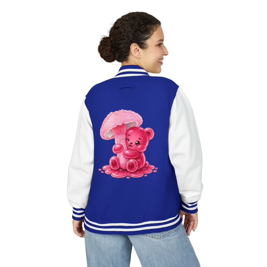 Pretty Pink Mushroom, Gooey Gummy Bear Friend —  Kawaii Graphic Varsity Jacket