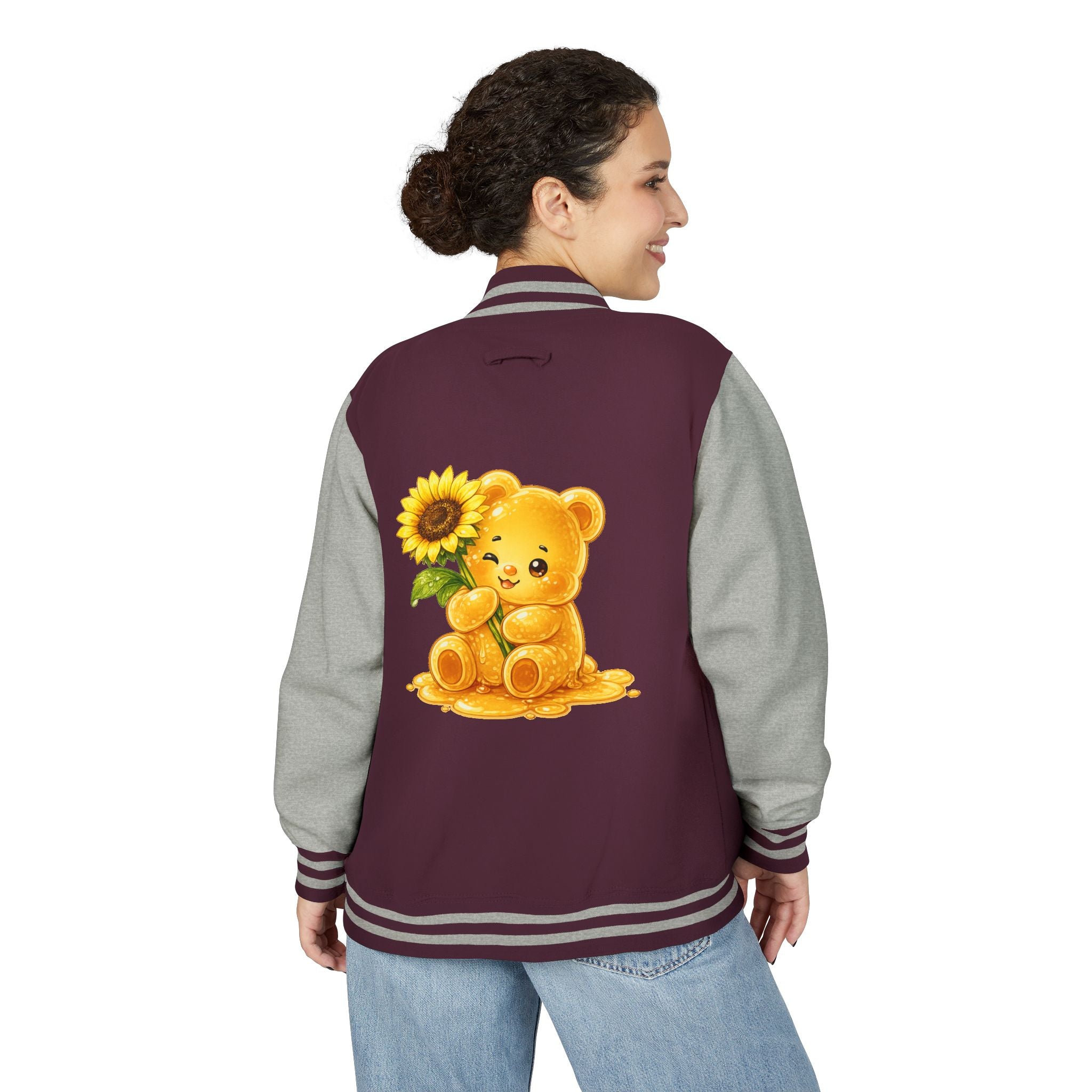 Sunflower Sunrise, Special Yellow Gooey Gummy Friend- Kawaii Varsity Jacket
