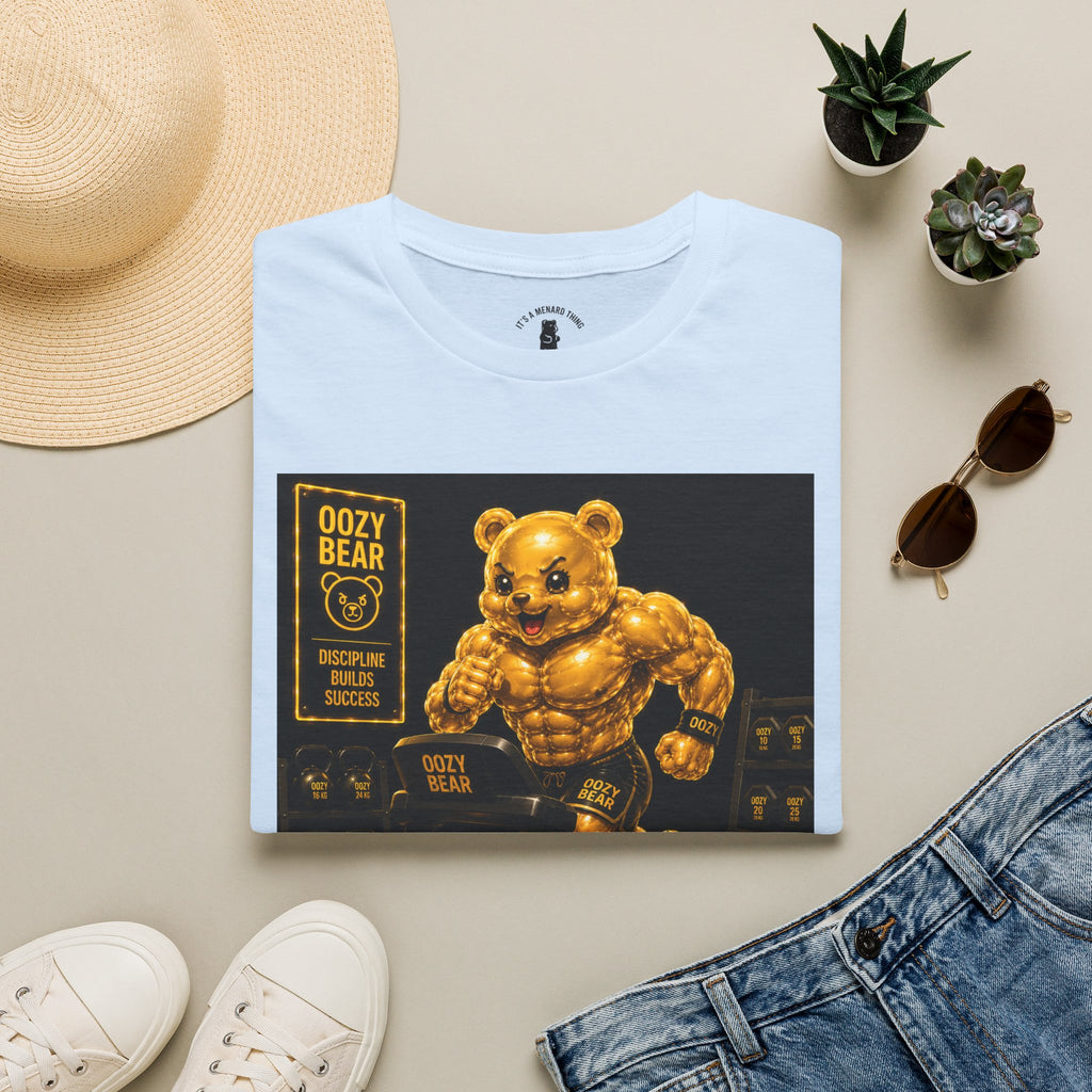 Running The Treadmill, Golden Yellow Oozy Buff Bear Workout- Adult Graphic Shirt