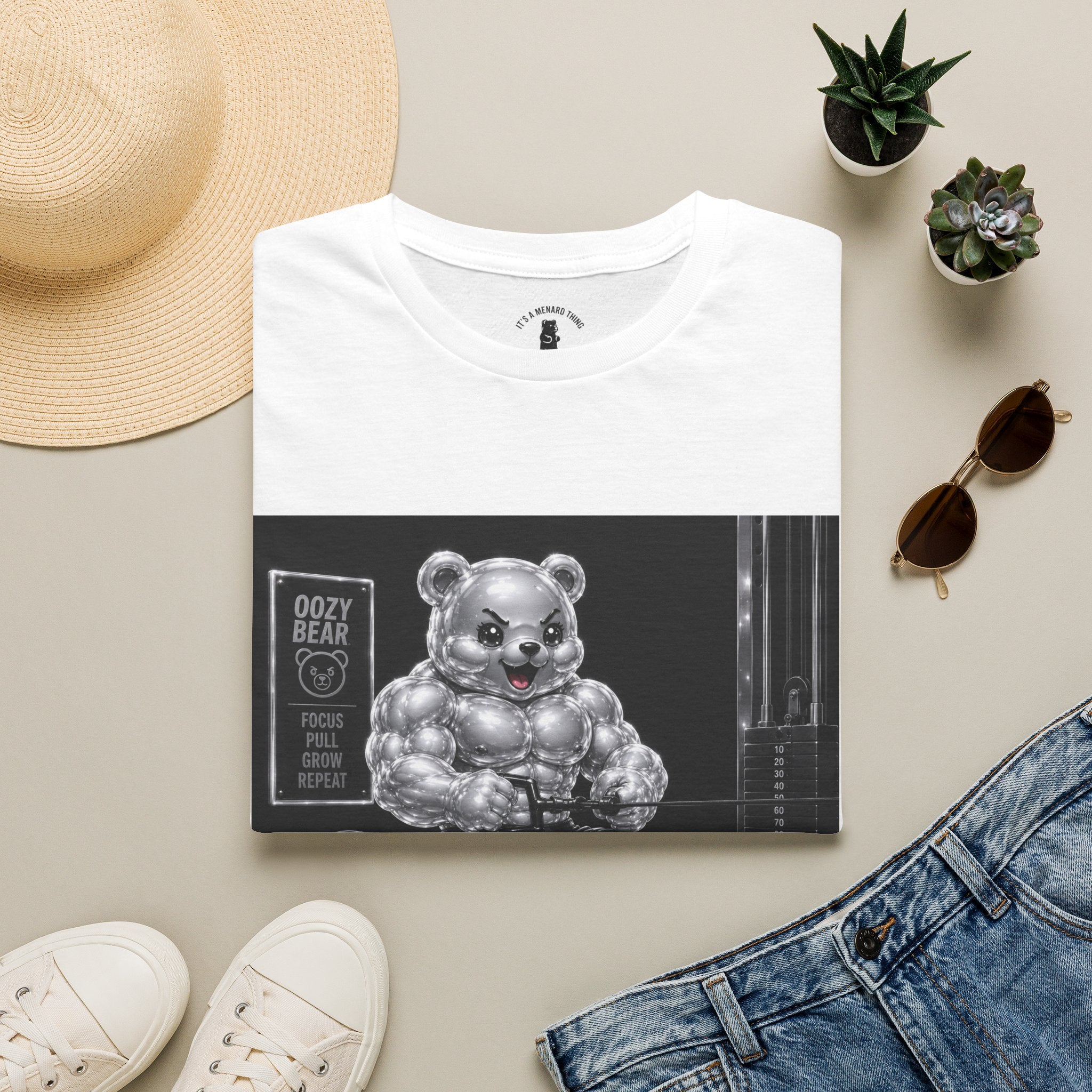 Working on the Bench, Silver Oozy Buff Bear Gummy Gym Addition- Adult Graphic Shirt