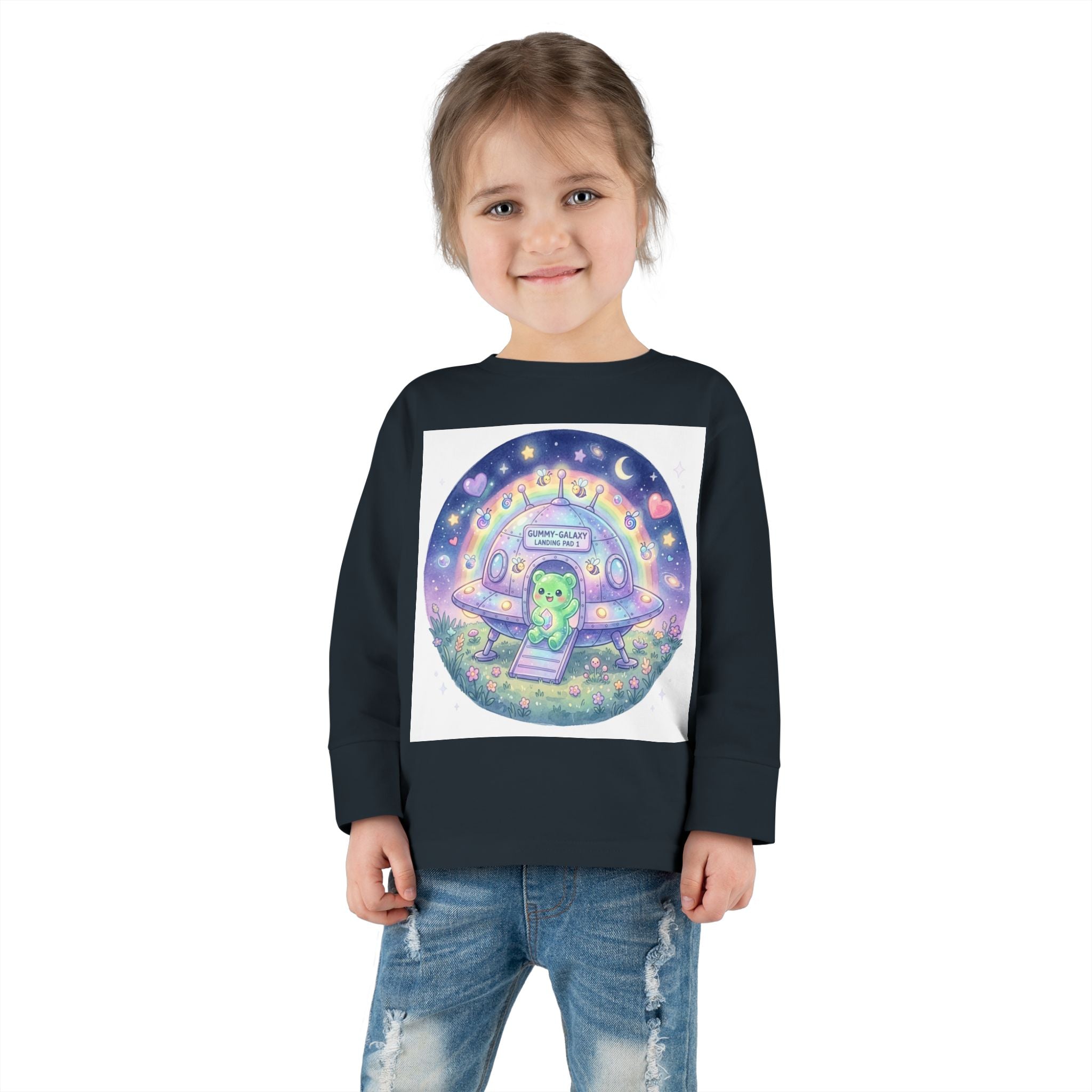 Cute Alien UFO Nightscape Oozy Bear Special- Graphic Long Sleeve Shirt