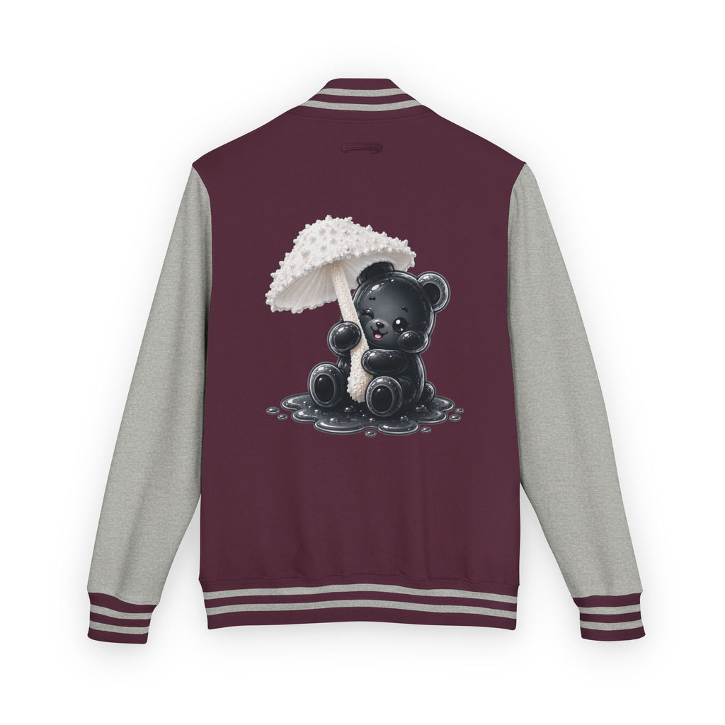 White Mushroom Umbrella, Black Gooey Gummy Bear — Kawaii Graphic Varsity Jacket