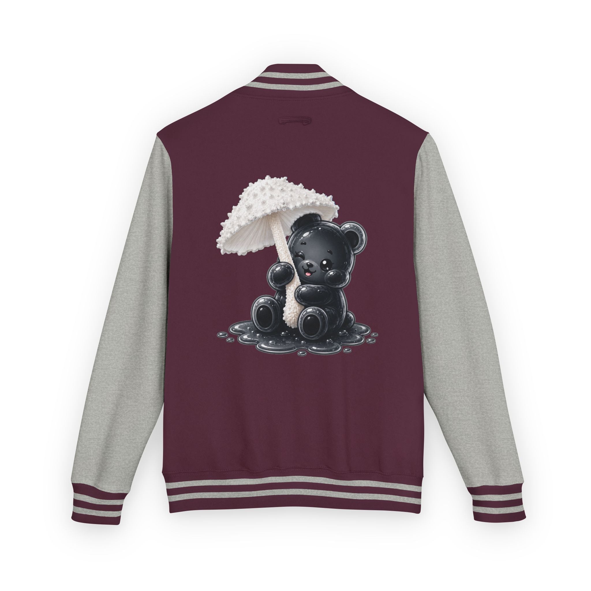 White Mushroom Umbrella, Black Gooey Gummy Bear — Kawaii Graphic Varsity Jacket