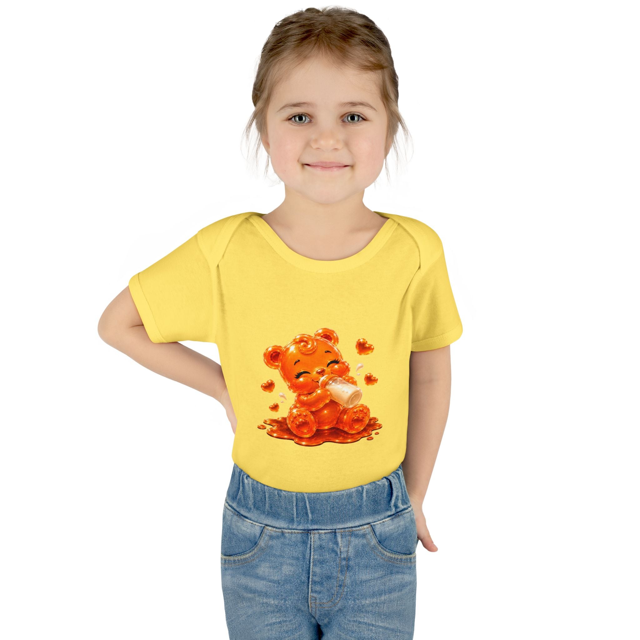 Yummy, Yummy Milk Time Orange Oozy Baby Gummy Bear Cutie Addition- Graphic Onesie