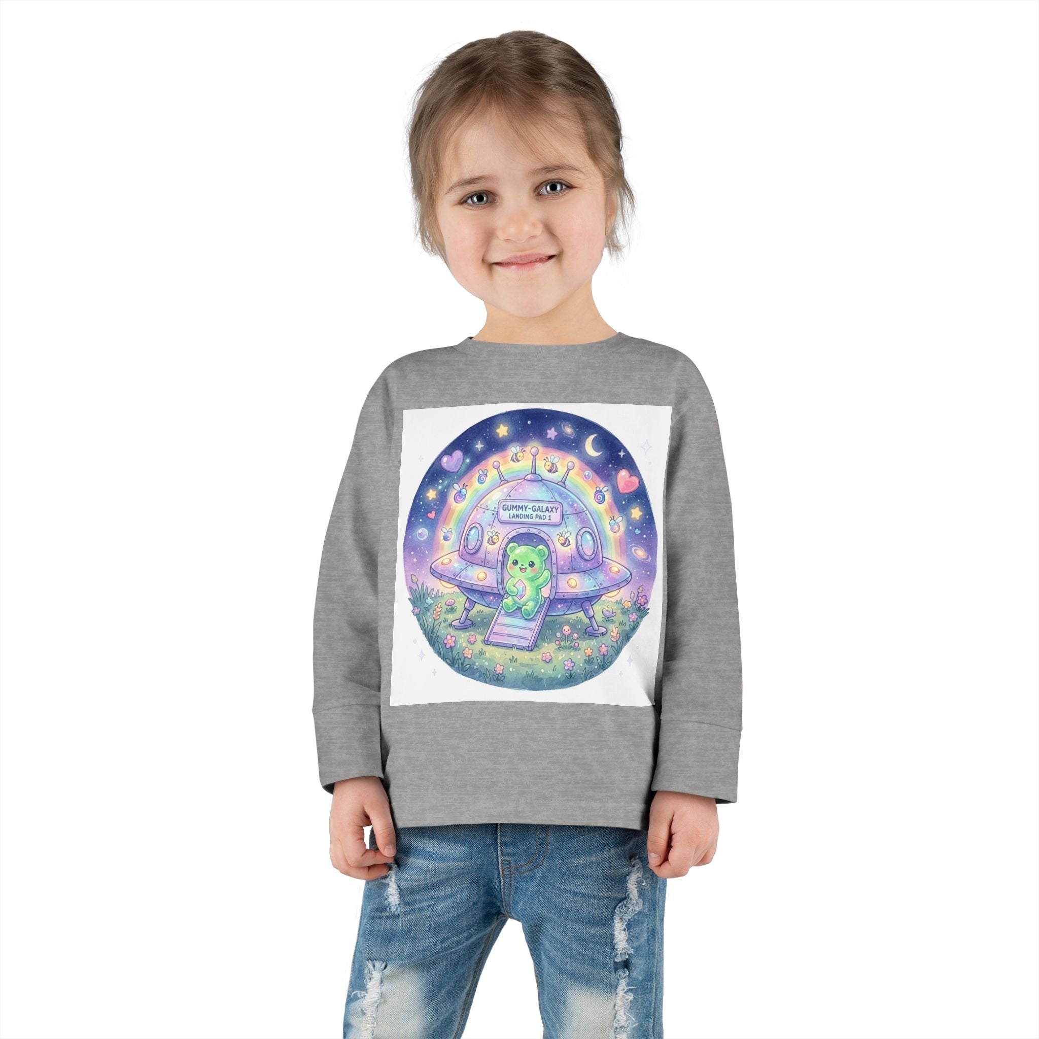 Cute Alien UFO Nightscape Oozy Bear Special- Graphic Long Sleeve Shirt