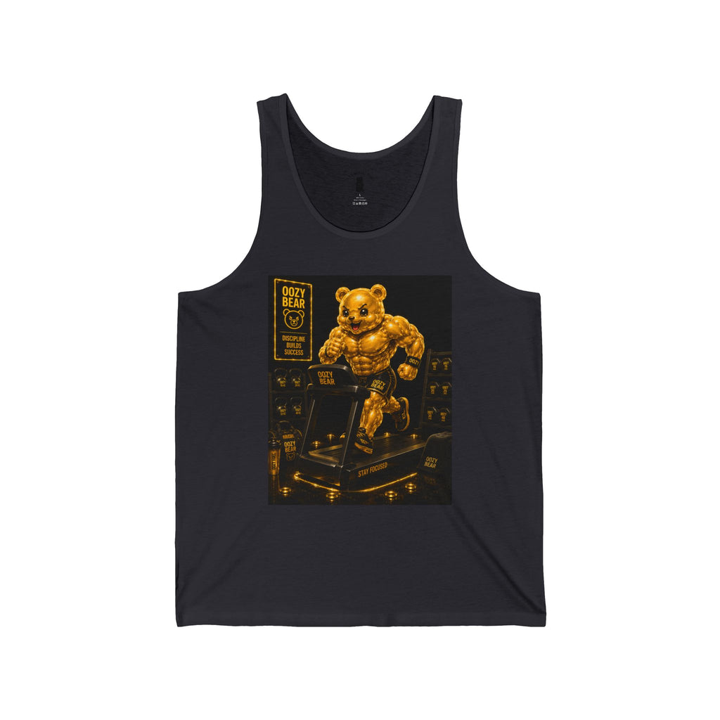 Running On Treadmill, Working Out Golden Yellow Oozy Buff Bear Gummy Gym Addition- Adult Graphic Tank Top