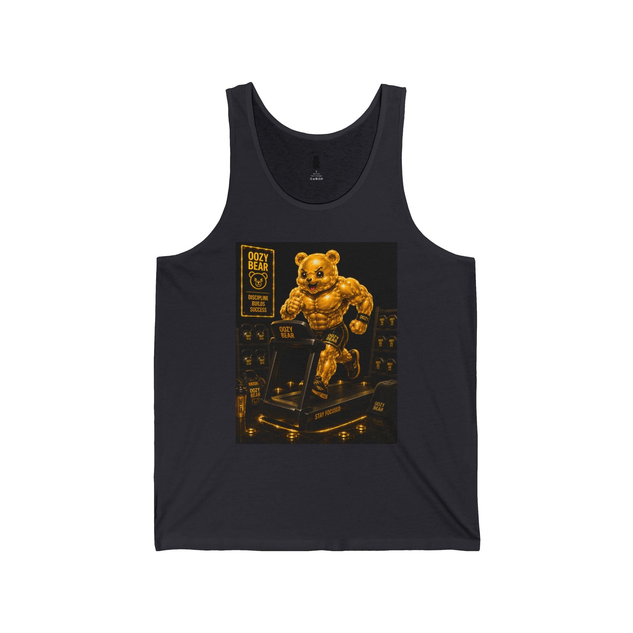 Running On Treadmill, Working Out Golden Yellow Oozy Buff Bear Gummy Gym Addition- Adult Graphic Tank Top
